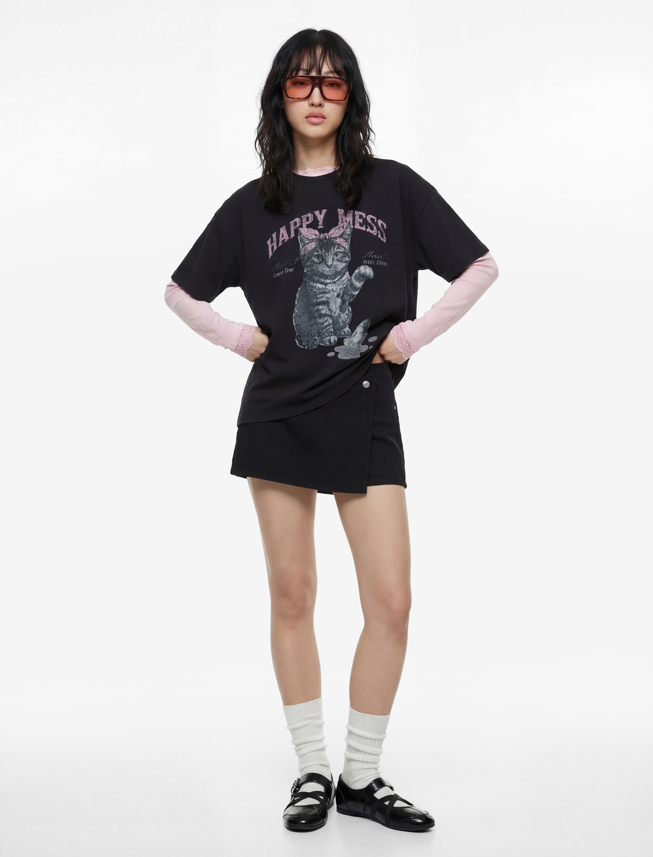   Kısa Kollu Zincir Kolye Detaylı Pamuklu Kedi Baskılı Tişört