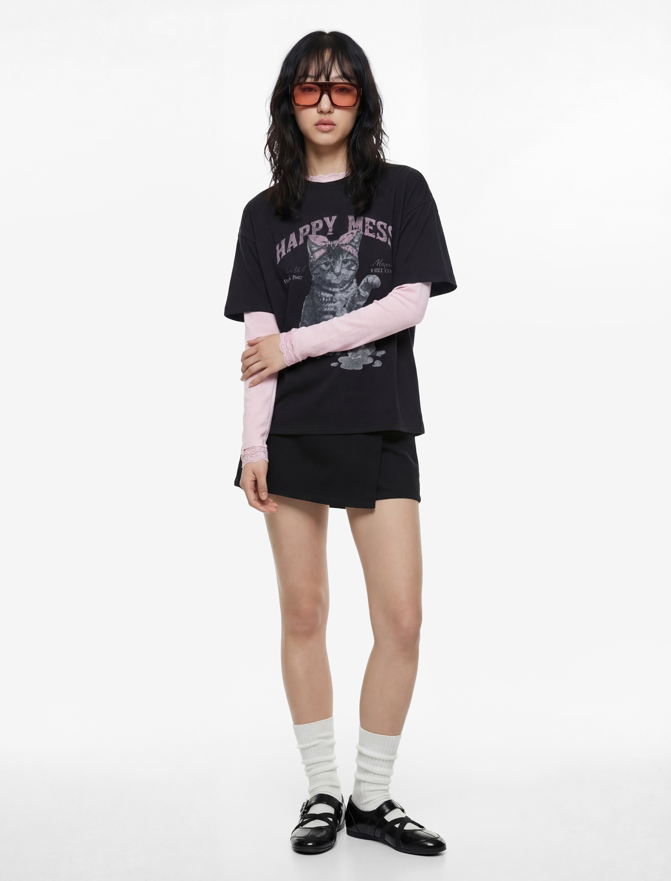   Kısa Kollu Zincir Kolye Detaylı Pamuklu Kedi Baskılı Tişört