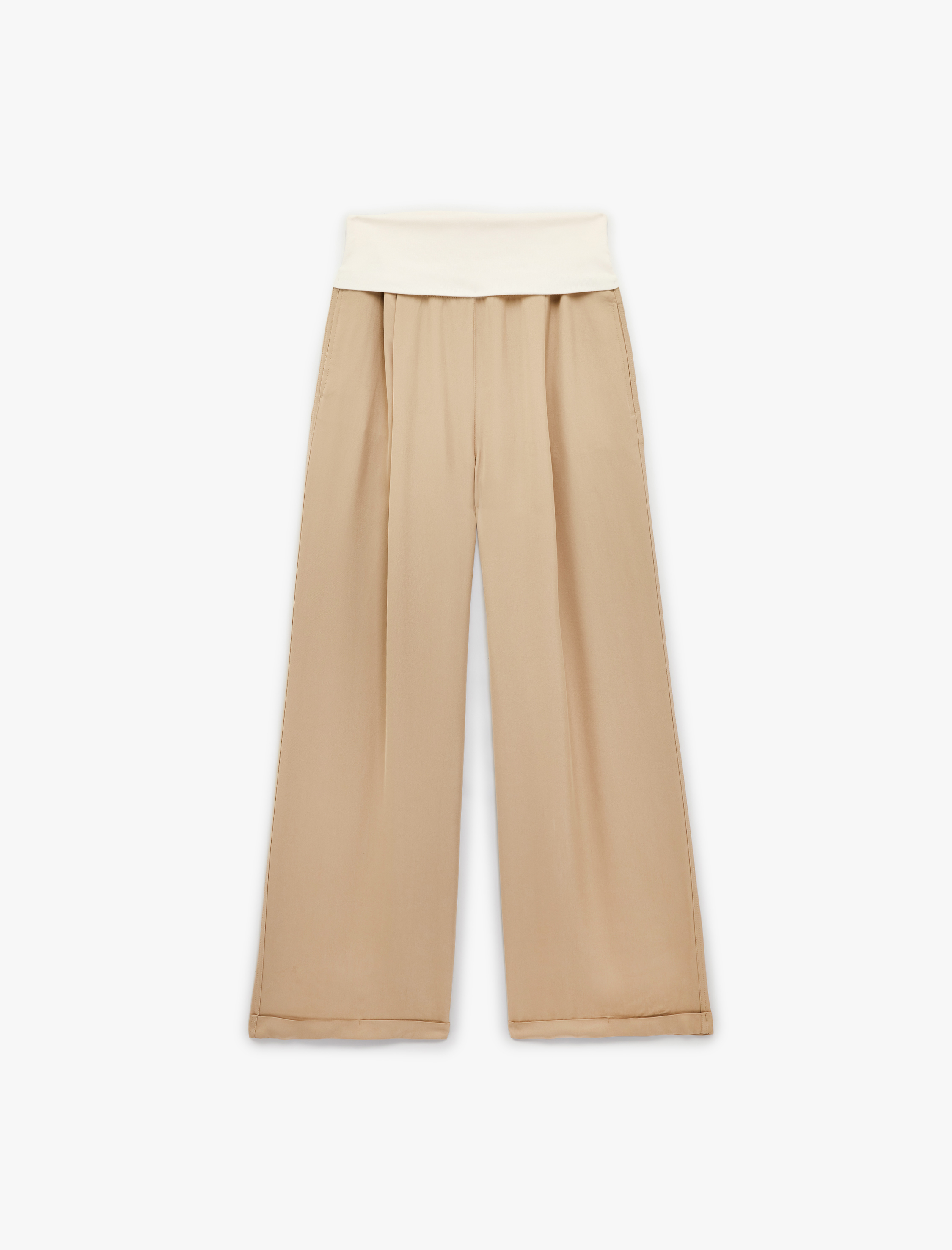   Katlı Yüksek Bel Rahat Kalıp Renk Bloklu Cepli Geniş Paça Pantolon