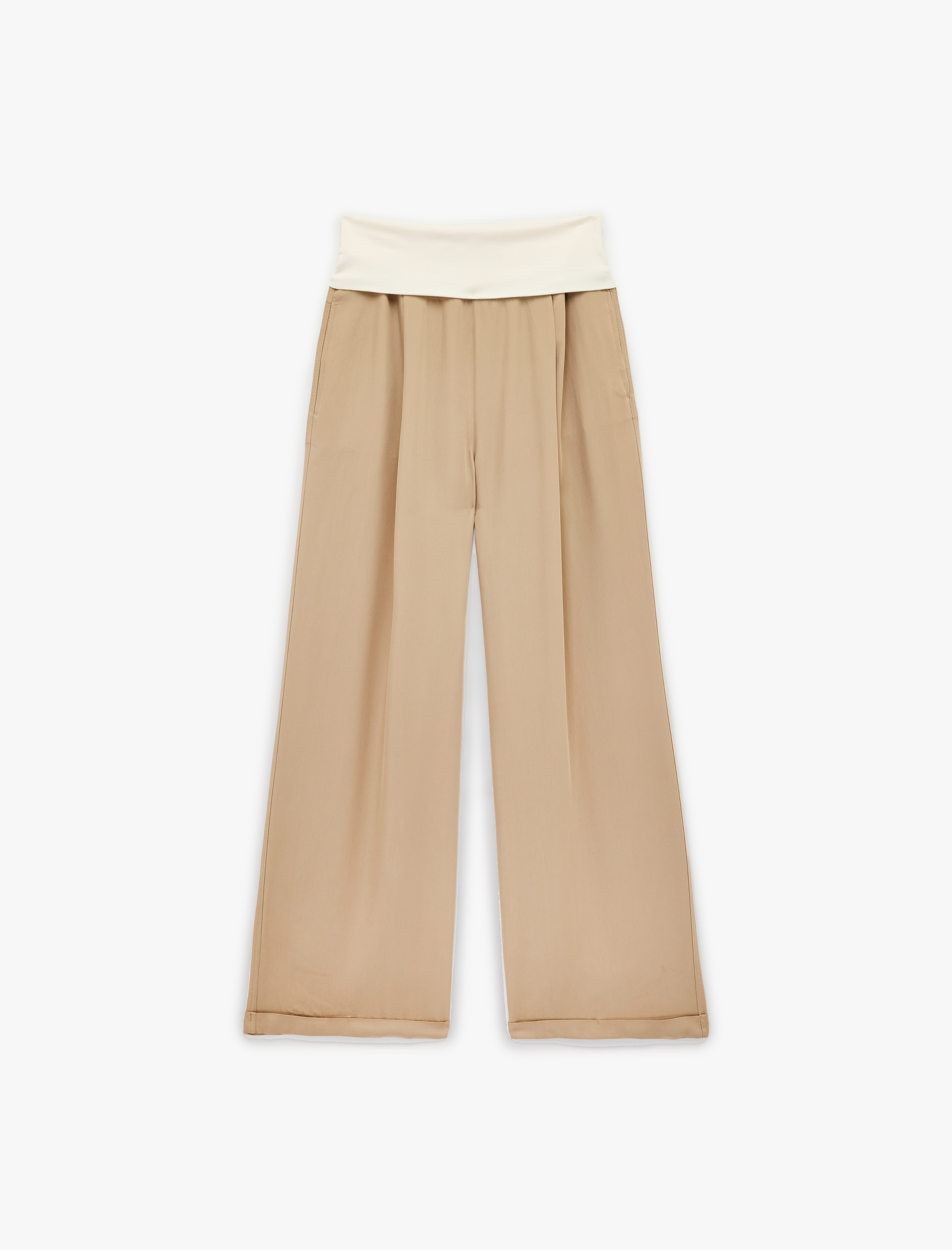   Katlı Yüksek Bel Rahat Kalıp Renk Bloklu Cepli Geniş Paça Pantolon