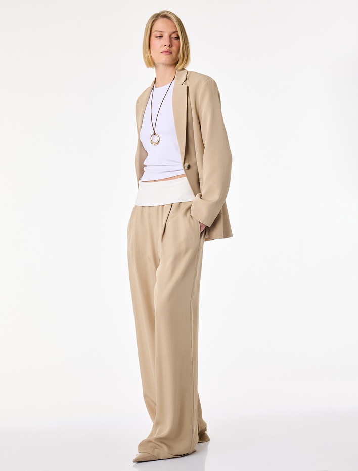  Katlı Yüksek Bel Rahat Kalıp Renk Bloklu Cepli Geniş Paça Pantolon