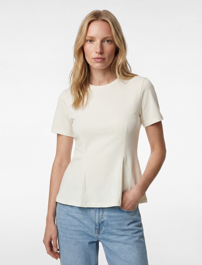  Pamuklu Slim Fit Kısa Kollu Bisiklet Yaka Peplum Basic Tişört