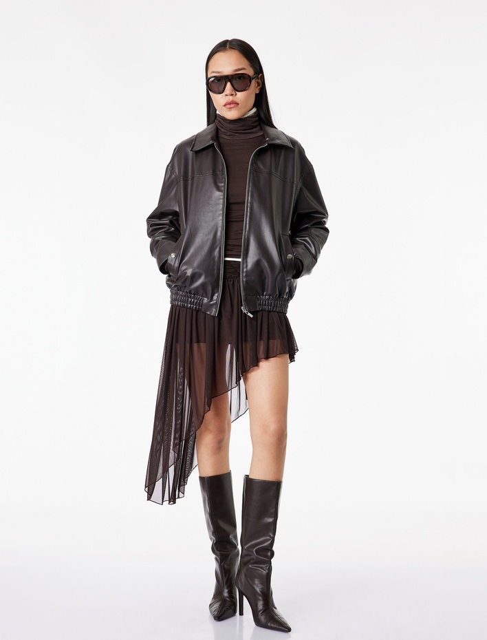  Slim Fit Drapeli Asimetrik Kesim Tül Etek