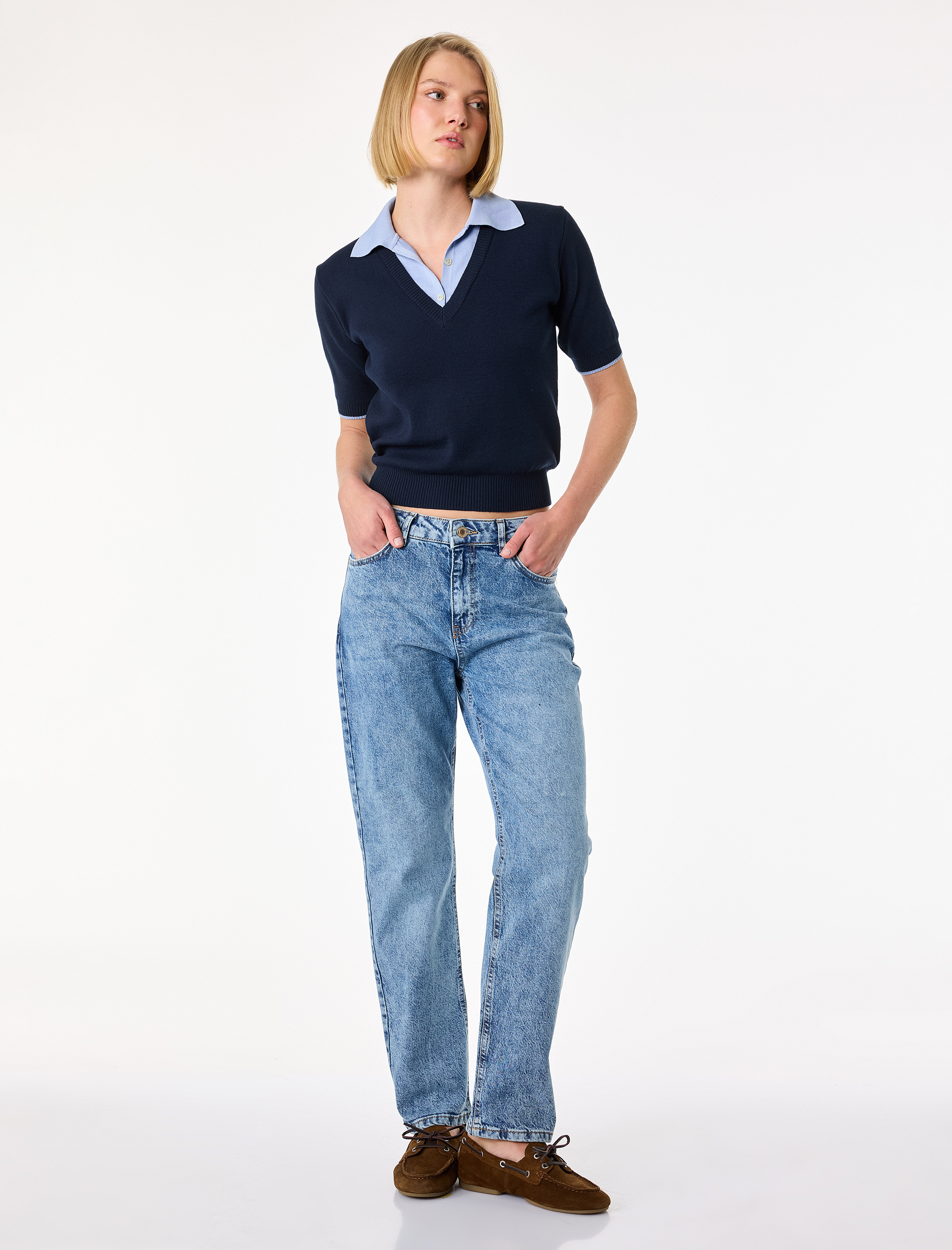   Pamuklu Cepli Düğmeli Normal Bel Düz Paça Denim Pantolon - Slim Straight Jeans