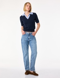 Pamuklu Cepli Düğmeli Normal Bel Düz Paça Denim Pantolon - Slim Straight Jeans