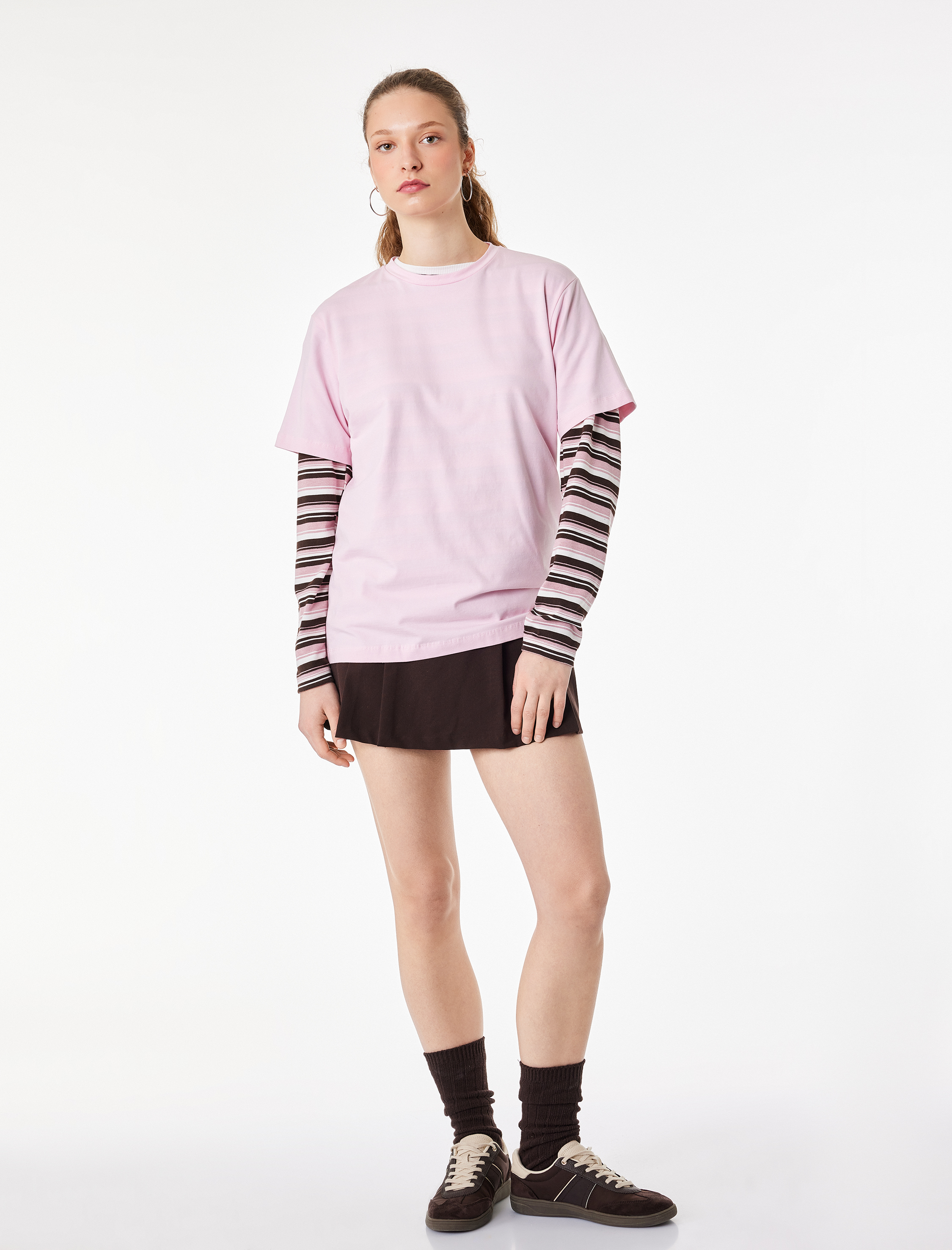 Pamuklu Kısa Kollu Bisiklet Yaka Oversize Basic Tişört - Görsel 2