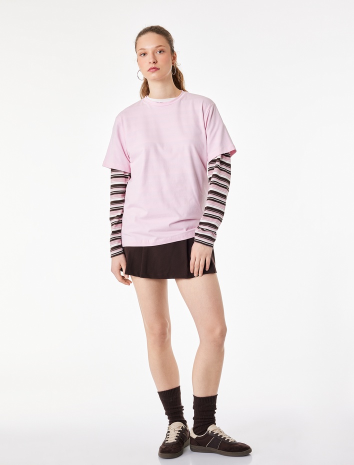  Pamuklu Kısa Kollu Bisiklet Yaka Oversize Basic Tişört