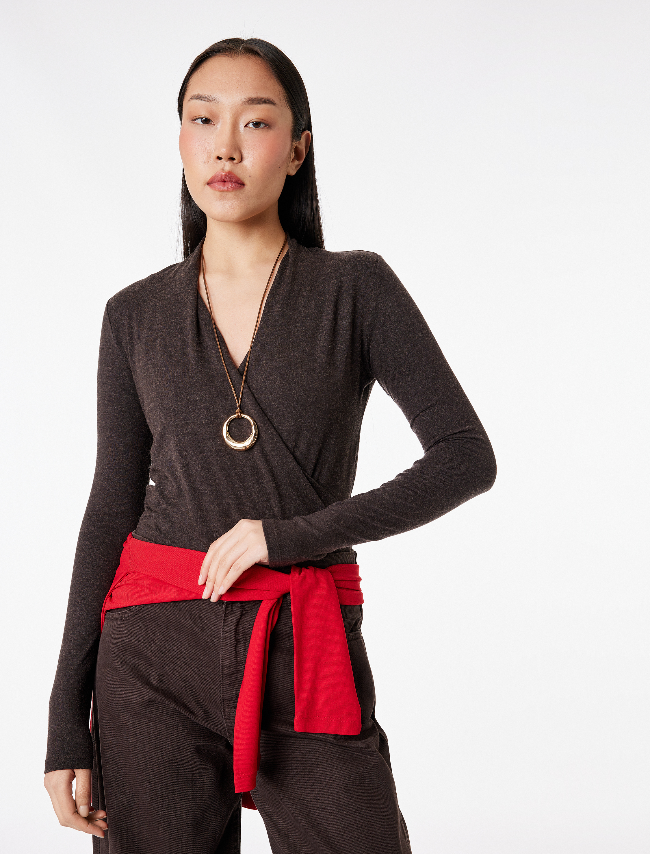   Koyun Yünü Karışımlı Uzun Kollu Slim Fit Kruvaze V Yaka Bodysuit