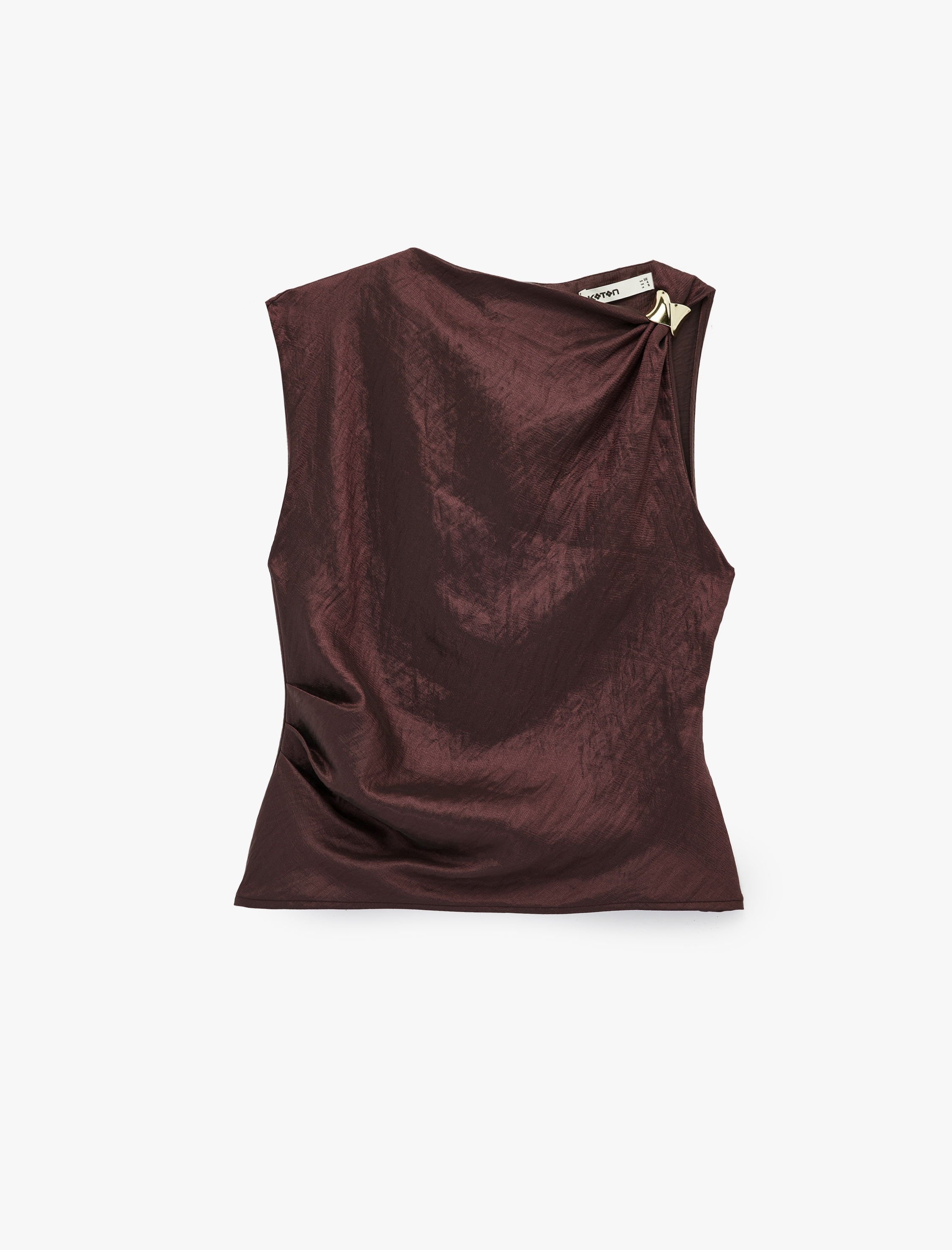 Metal Aksesuarlı Yuvarlak Kayık Yaka Kolsuz Dokulu Saten Bluz - Görsel 3