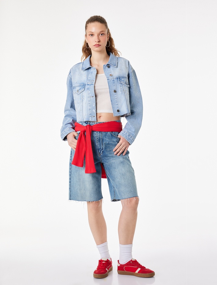  Rahat Kalıp Klasik Yaka Düğmeli Cep Detaylı Taşlı Denim Ceket