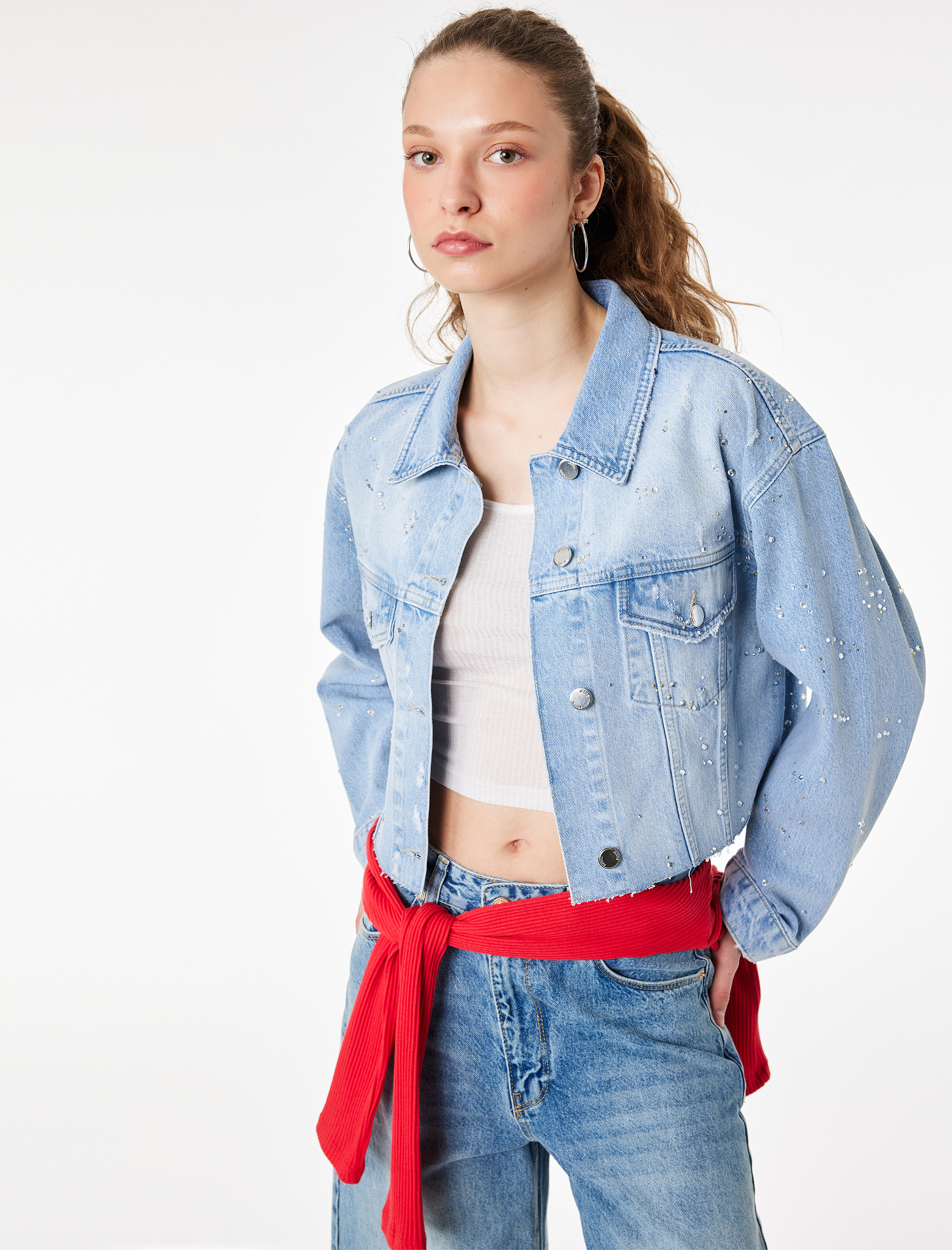   Rahat Kalıp Klasik Yaka Düğmeli Cep Detaylı Taşlı Denim Ceket