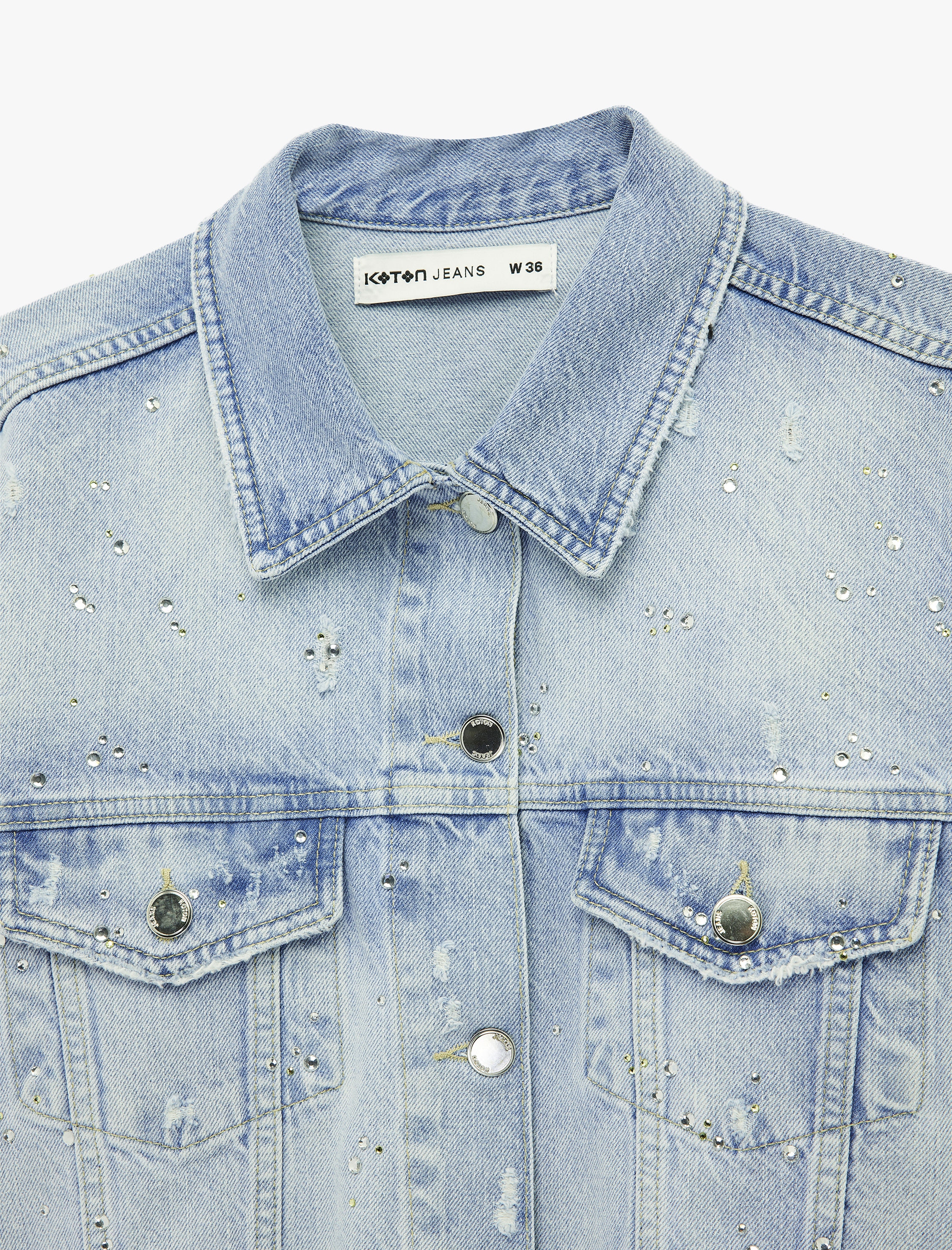   Rahat Kalıp Klasik Yaka Düğmeli Cep Detaylı Taşlı Denim Ceket