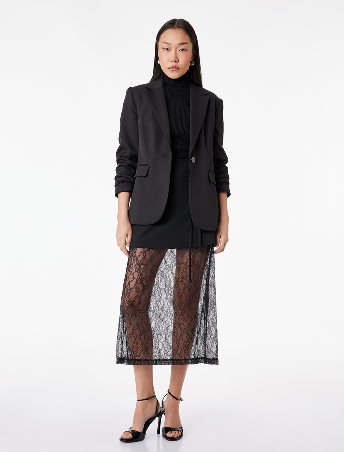  Bağlama Detaylı A Kesim Dantelli Midi Etek