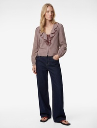 Pamuklu Uzun Balon Kollu Bağlama Detaylı Fırfırlı V Bebe Yaka Pötikareli Bluz