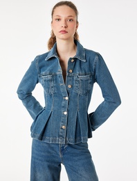 Cepli Klasik Yaka Düğmeli Pile Detaylı Denim Ceket