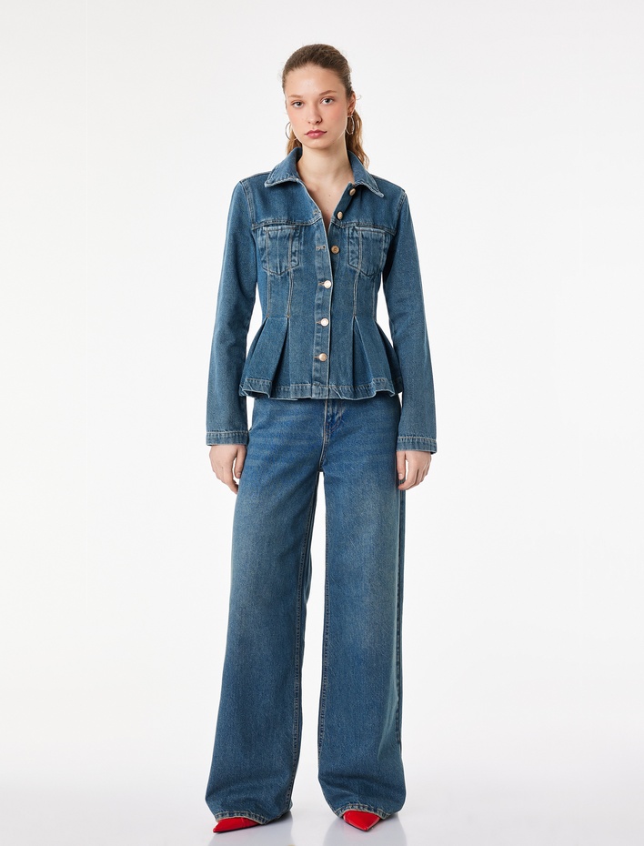  Cepli Klasik Yaka Düğmeli Pile Detaylı Denim Ceket