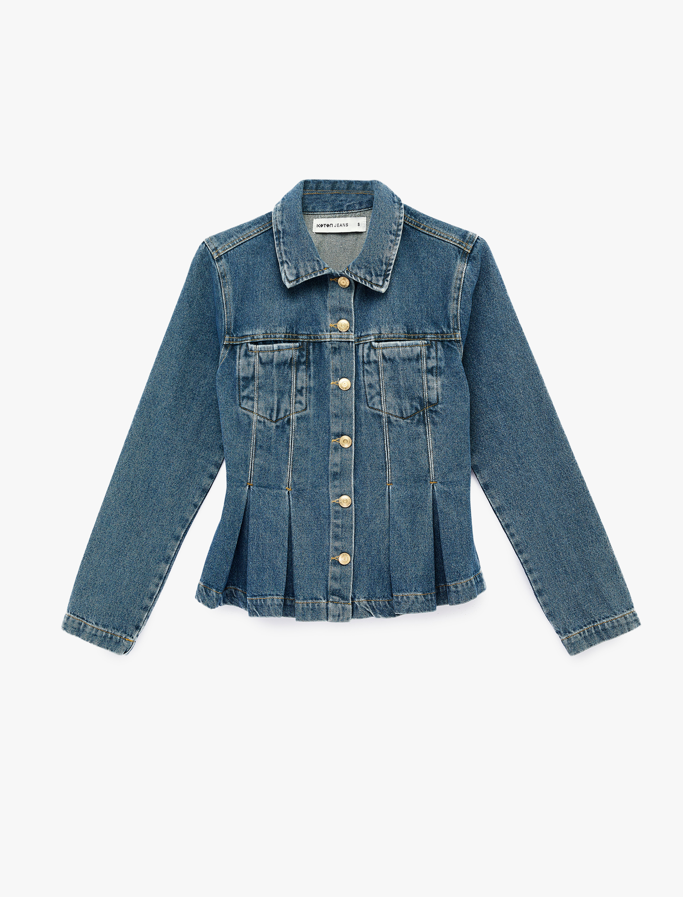   Cepli Klasik Yaka Düğmeli Pile Detaylı Denim Ceket