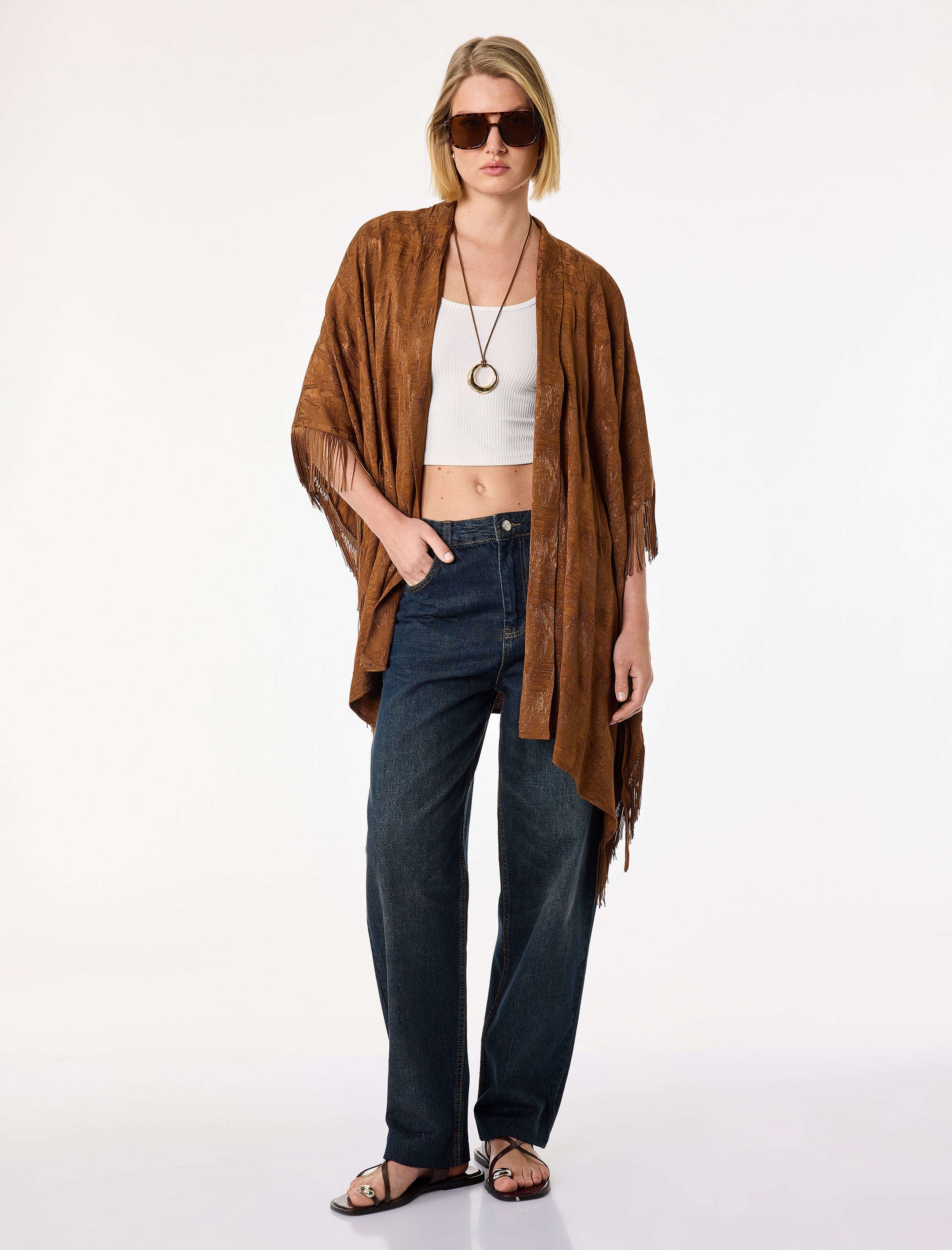   Bağlama Detaylı Floral Dokulu Püsküllü Uzun Kimono Panço