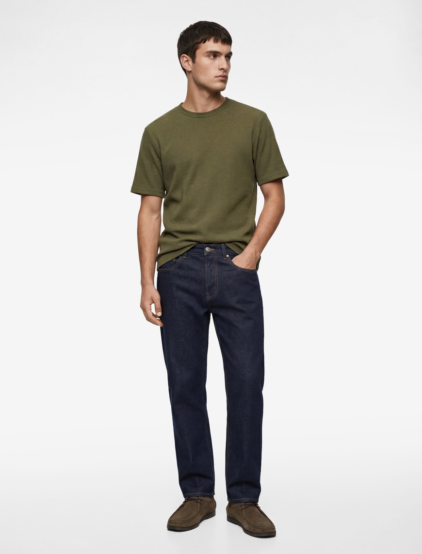 Yeşil Erkek Kısa Kollu Dokulu Bisiklet Yaka Slim Fit Tişört