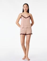 Viskon Kumaş Slim Fit Dantel Detaylı Şort Pijama Altı