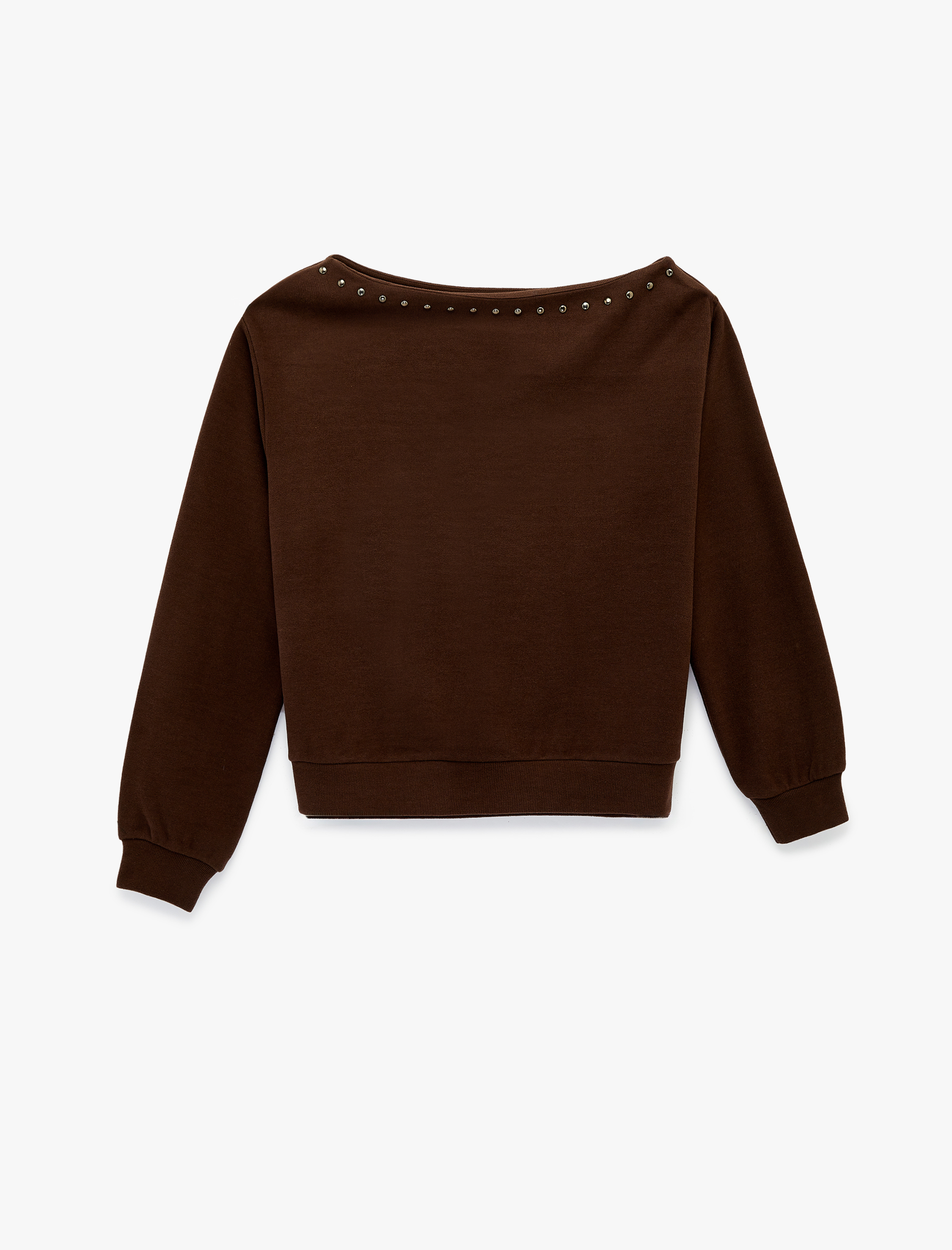   Uzun Kollu Zımba Detaylı Asimetrik Kesim Omzu Açık Sweatshirt