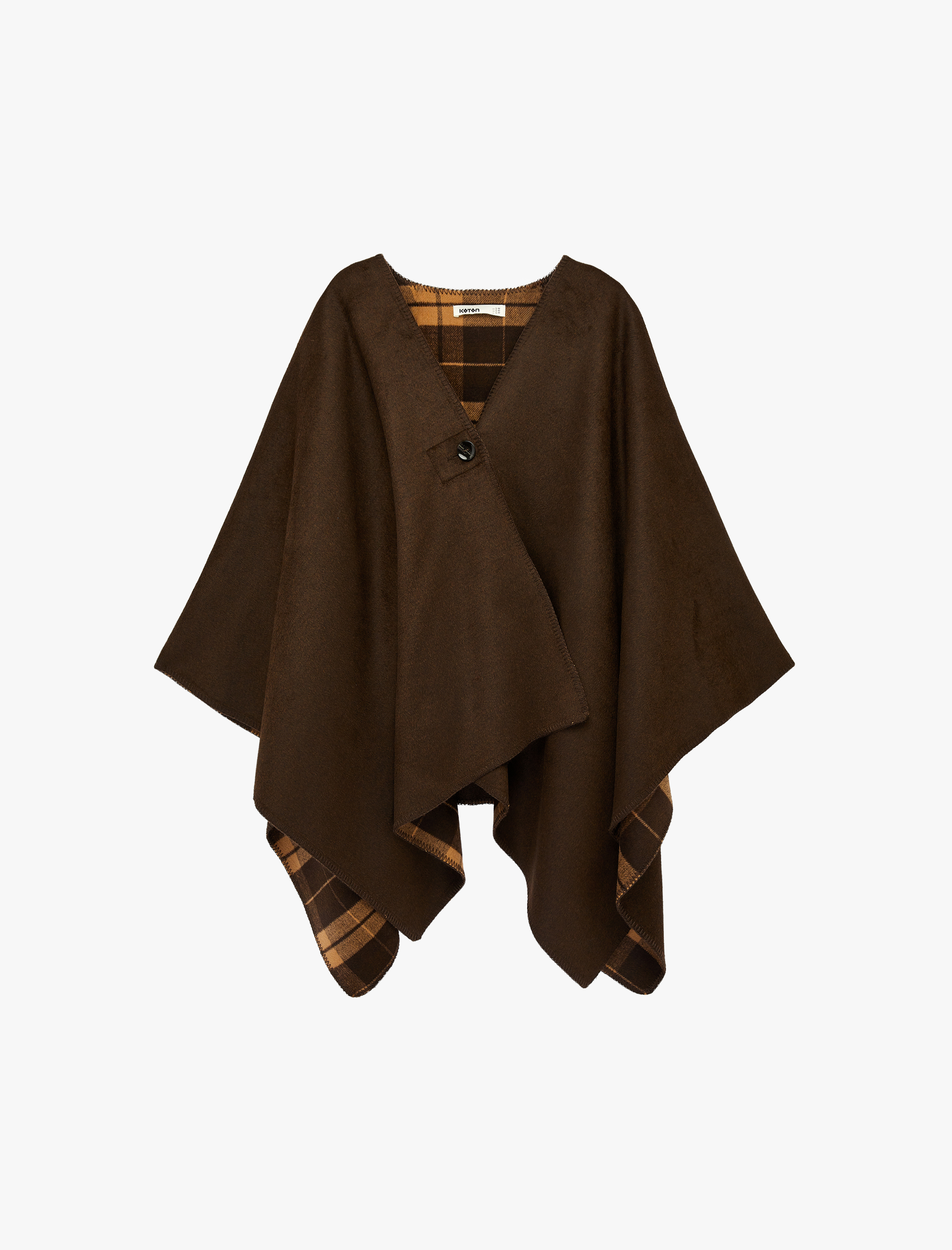   Düğmeli 3/4 Yarasa Kol V Yaka Kaşe Oversize Panço Ceket