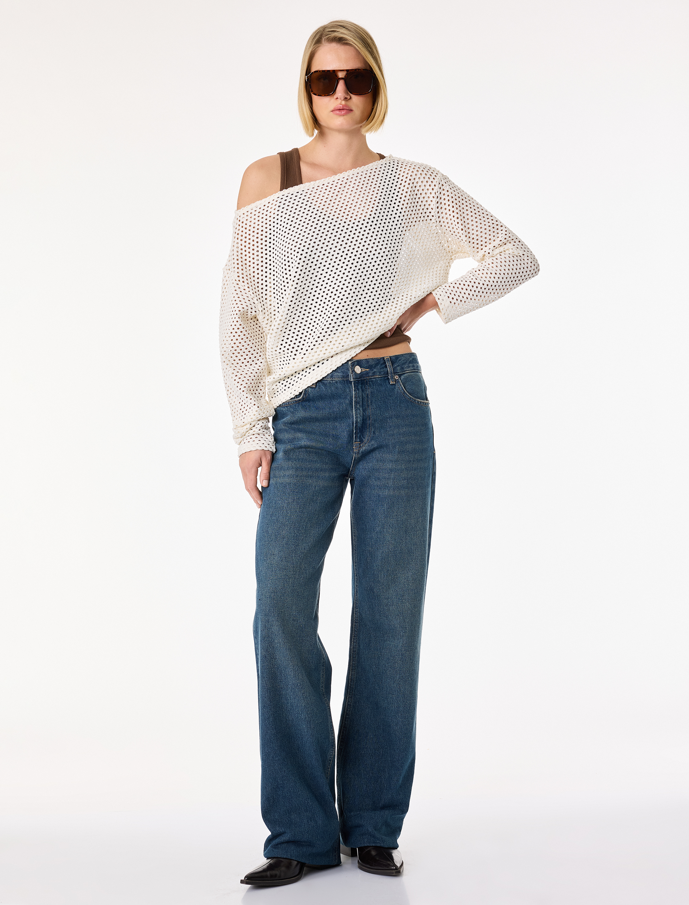   Uzun Kollu Kayık Yaka Omzu Açık File Ajurlu Bluz