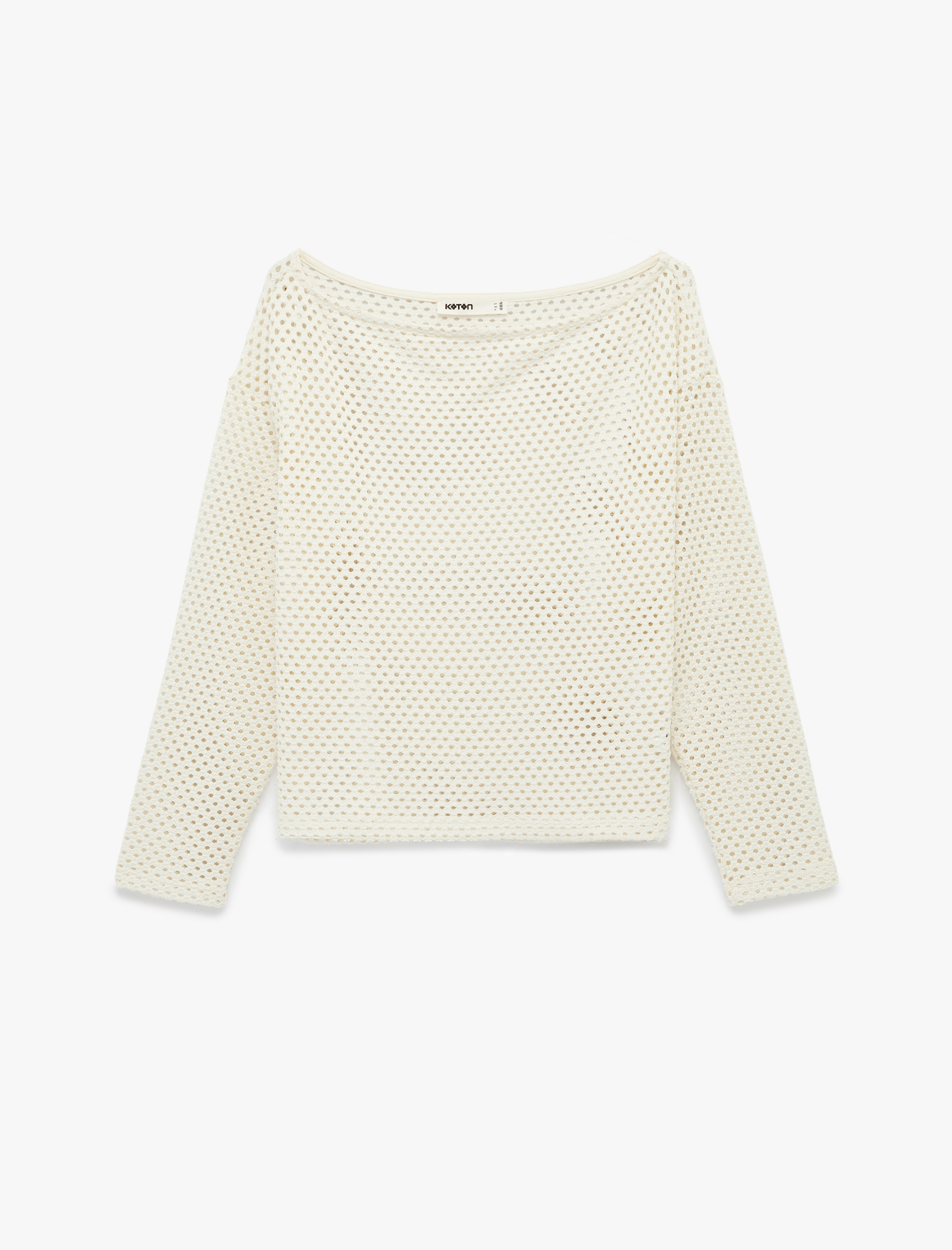   Uzun Kollu Kayık Yaka Omzu Açık File Ajurlu Bluz