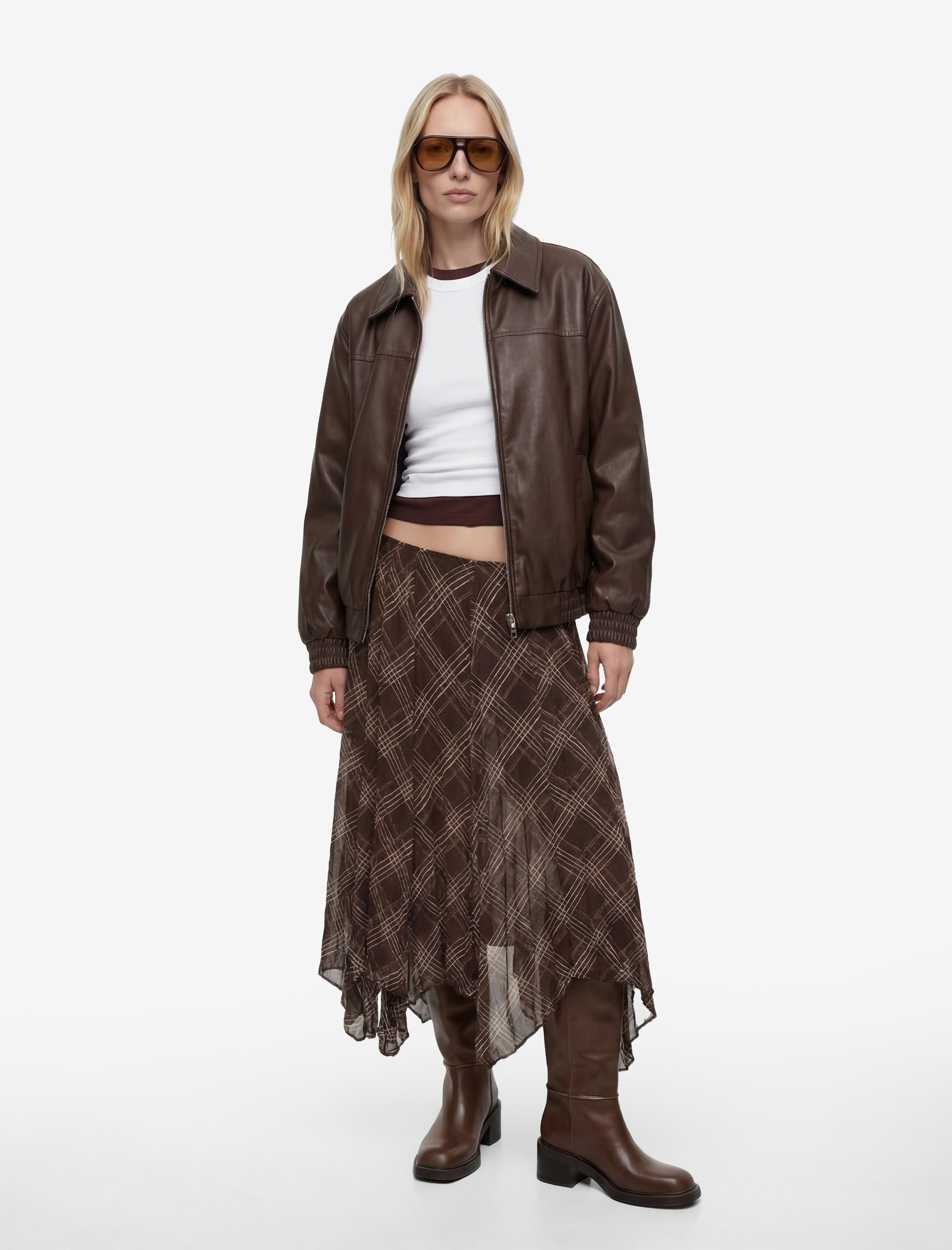   Asimetrik Kesim Ekose Şifon Midi Etek