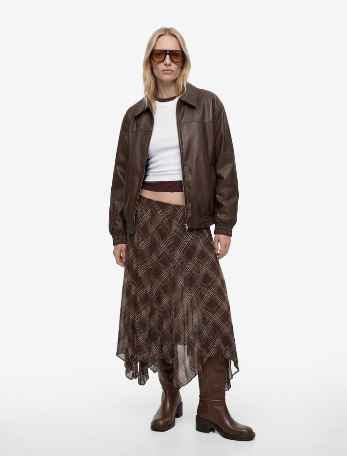  Asimetrik Kesim Ekose Şifon Midi Etek