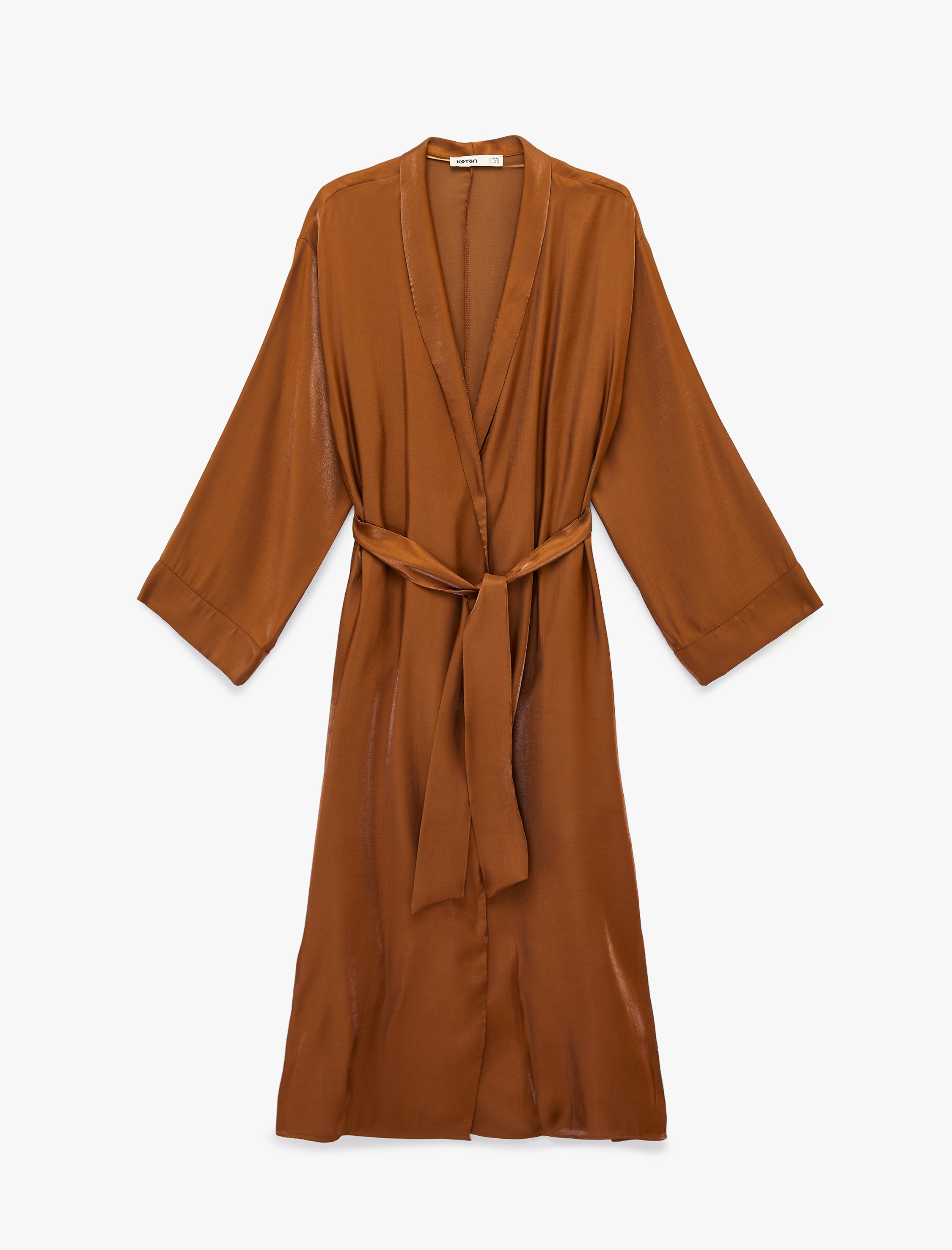   Uzun Geniş Kollu Kuşak Detaylı Uzun Saten Kimono