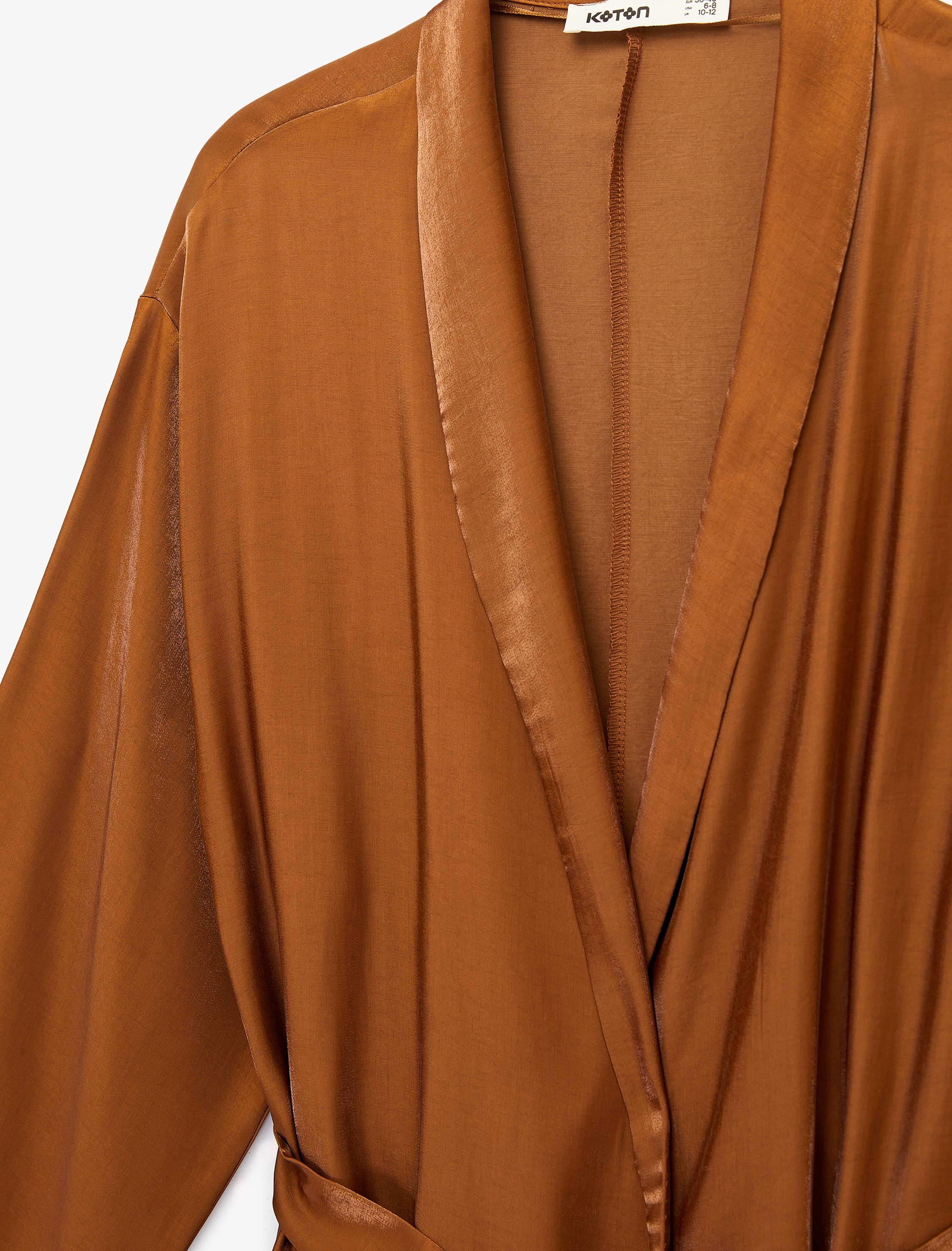   Uzun Geniş Kollu Kuşak Detaylı Uzun Saten Kimono