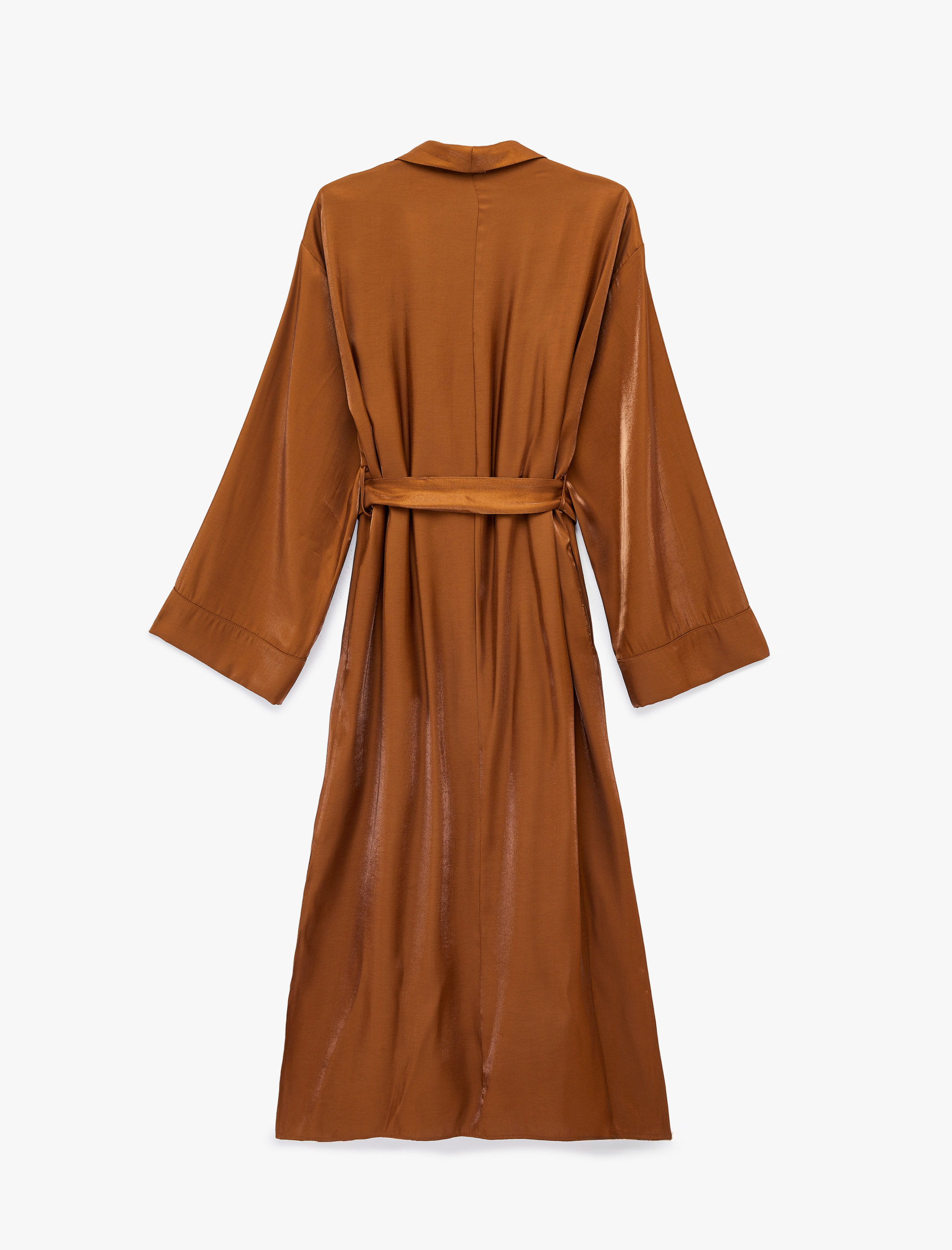   Uzun Geniş Kollu Kuşak Detaylı Uzun Saten Kimono