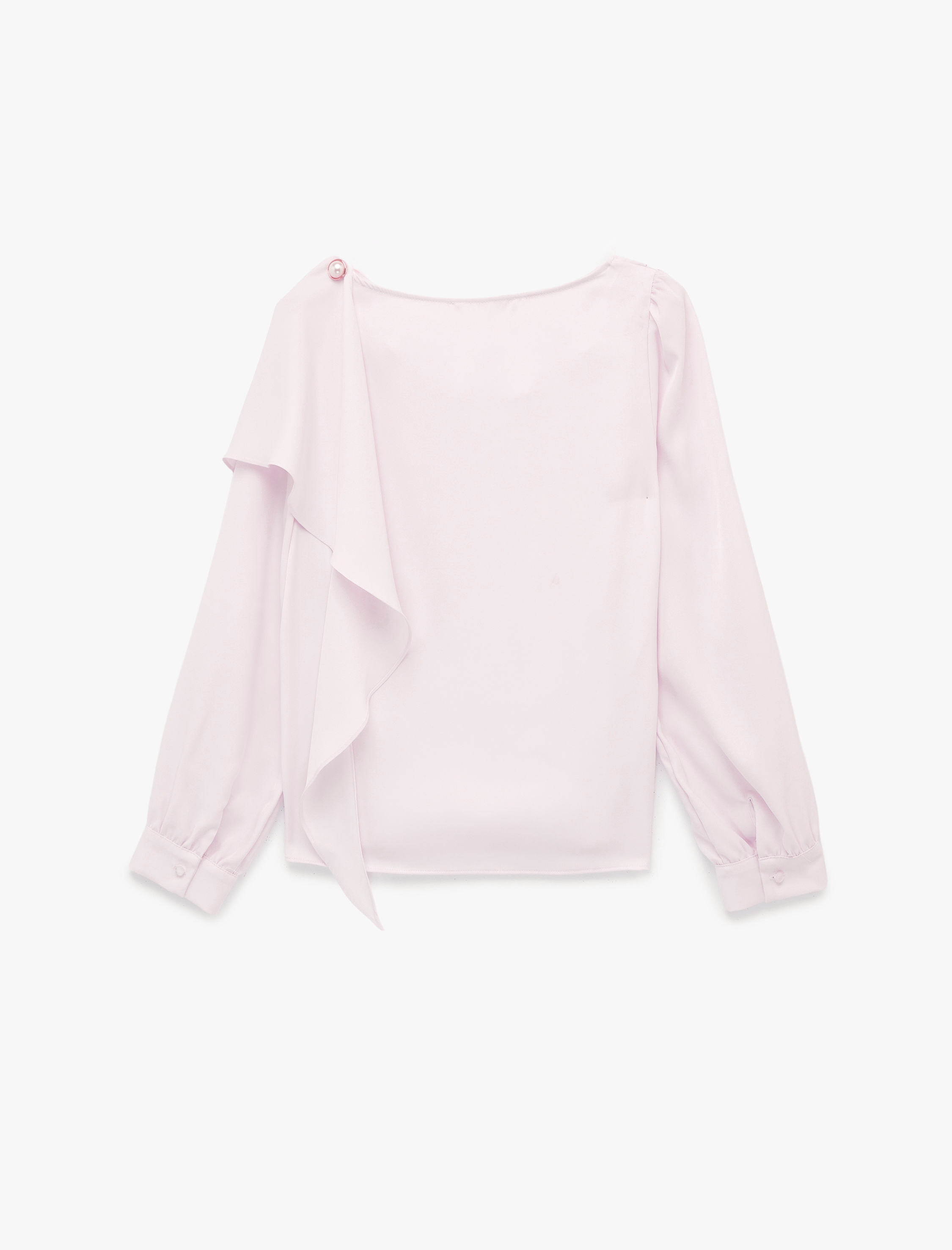   Dökümlü Şal Yaka Metal Aksesuarlı İnci Detaylı Uzun Kollu Saten Bluz