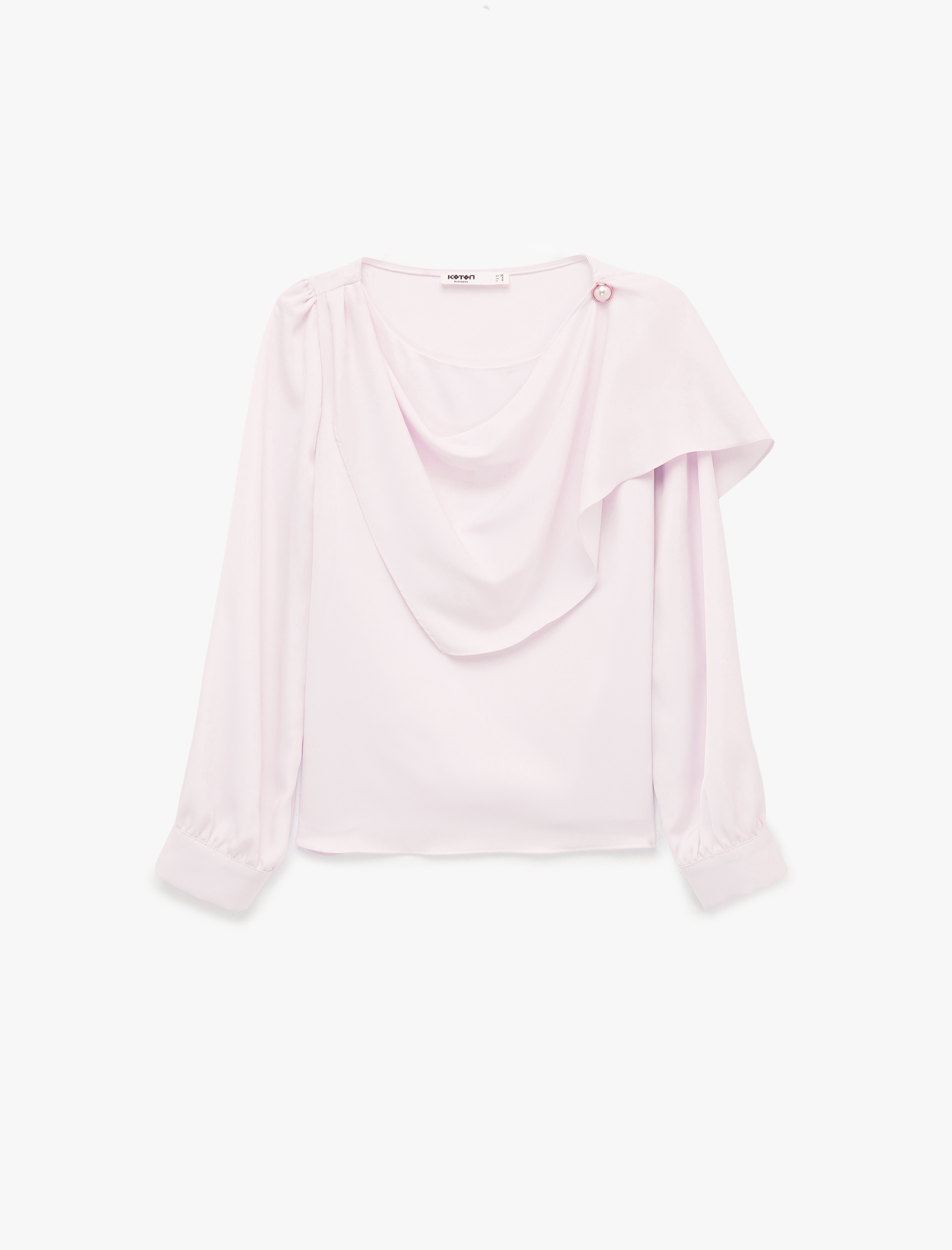   Dökümlü Şal Yaka Metal Aksesuarlı İnci Detaylı Uzun Kollu Saten Bluz