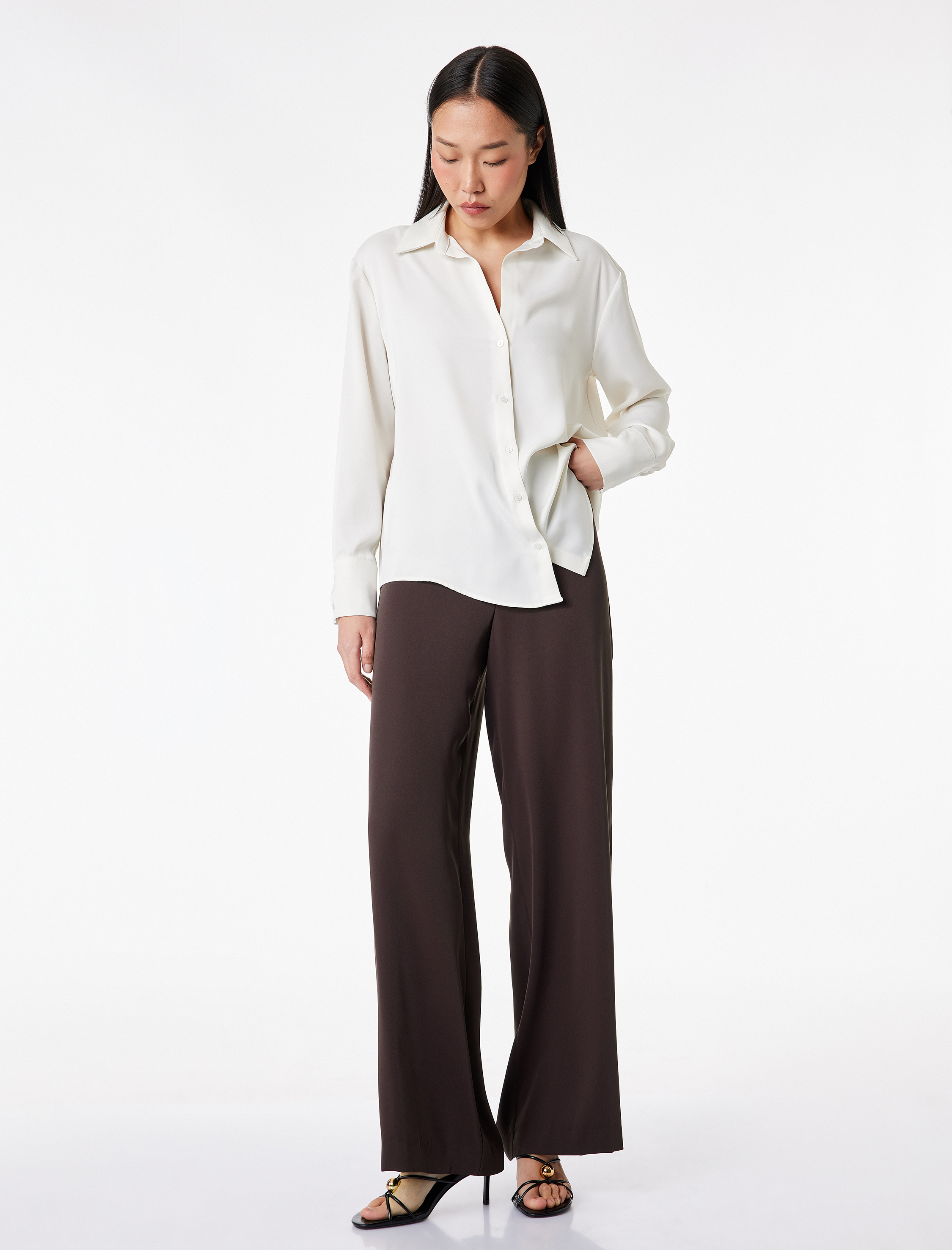   Yüksek Bel Geniş Paça Saten Pantolon