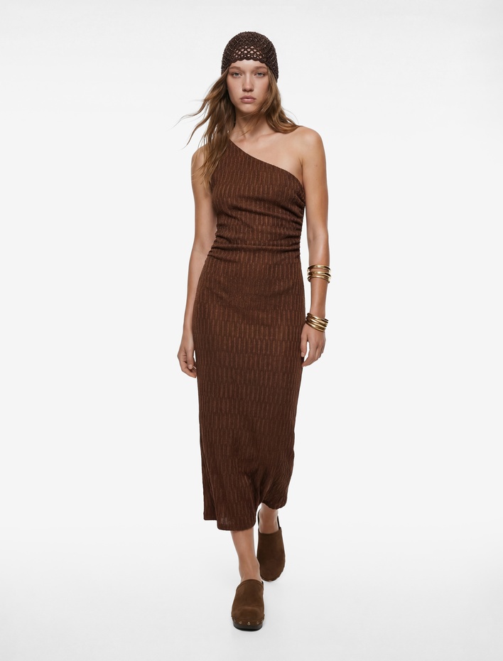  Tek Omuz Kolsuz Slim Fit Bürümcük Uzun Elbise