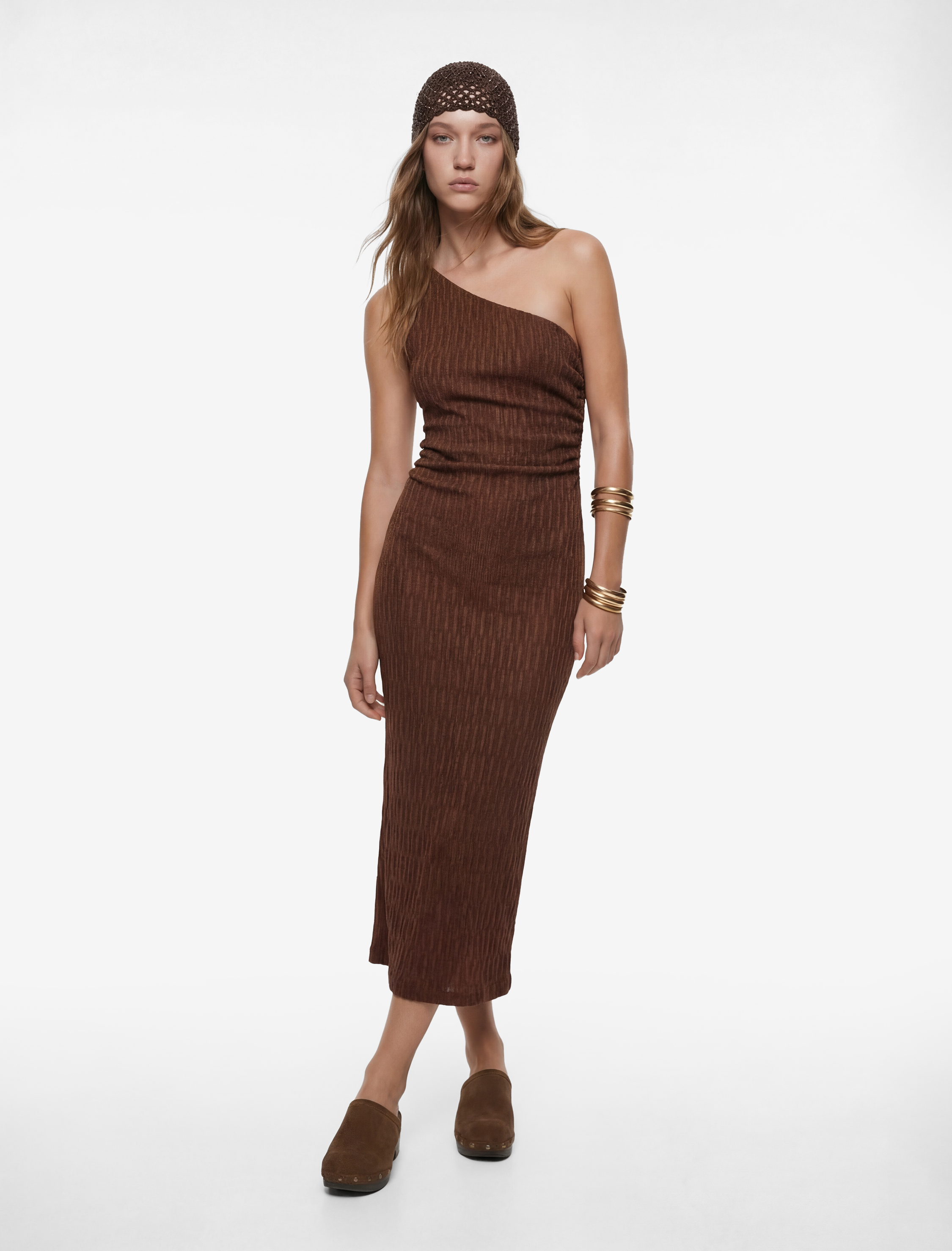   Tek Omuz Kolsuz Slim Fit Bürümcük Uzun Elbise