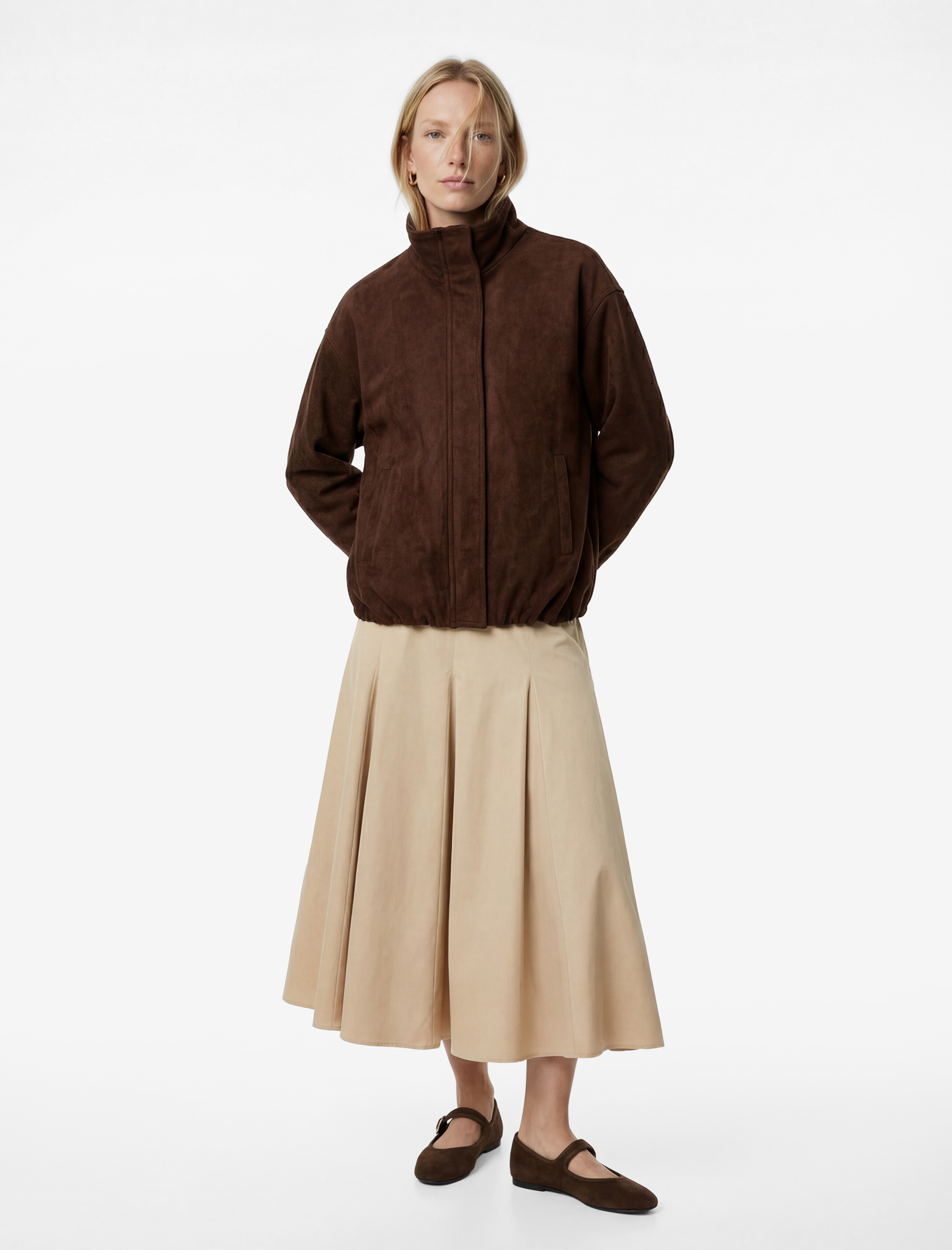 Fermuarlı Cepli Dik Yaka Suni Süet Oversize Bomber Ceket