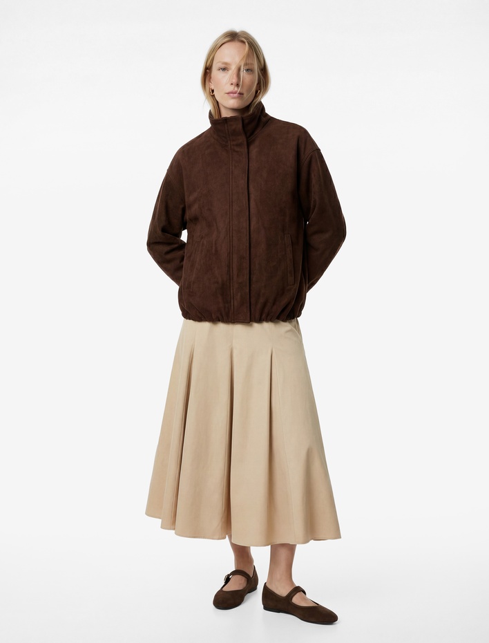  Fermuarlı Cepli Dik Yaka Suni Süet Oversize Bomber Ceket