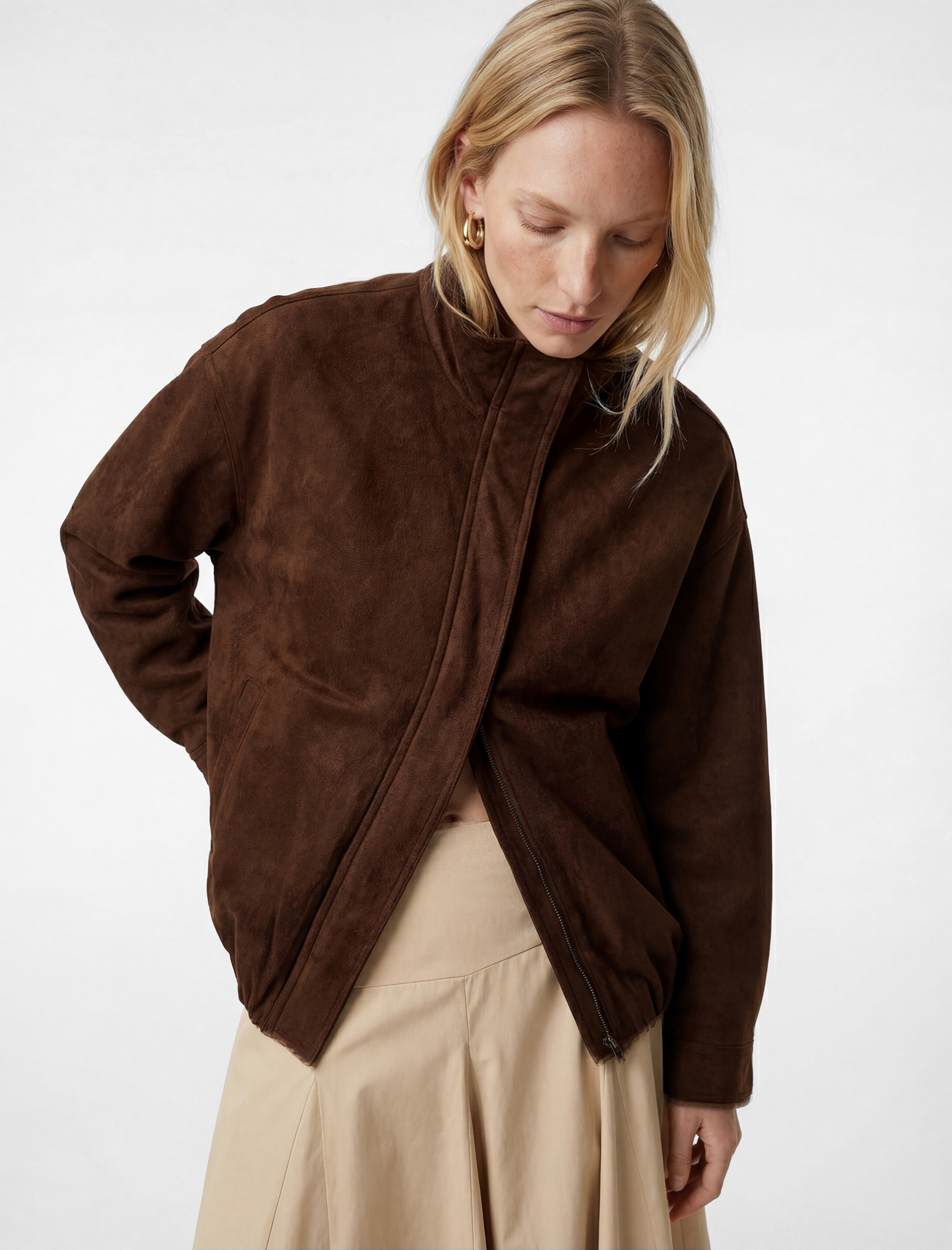 Fermuarlı Cepli Dik Yaka Suni Süet Oversize Bomber Ceket - Görsel 2