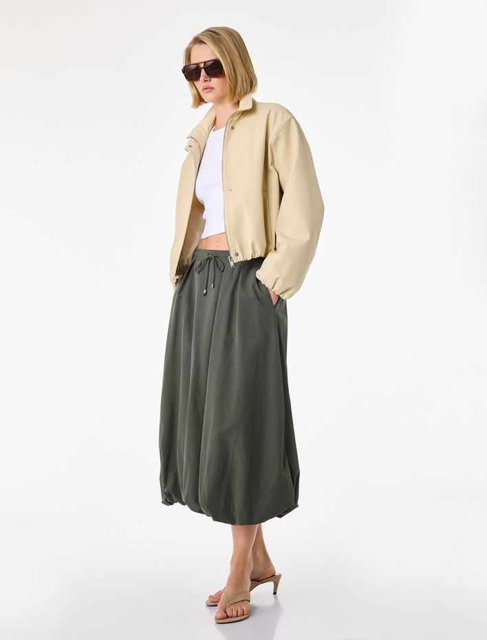  Beli Bağcıklı Paraşüt Kumaş Cepli Midi Balon Etek