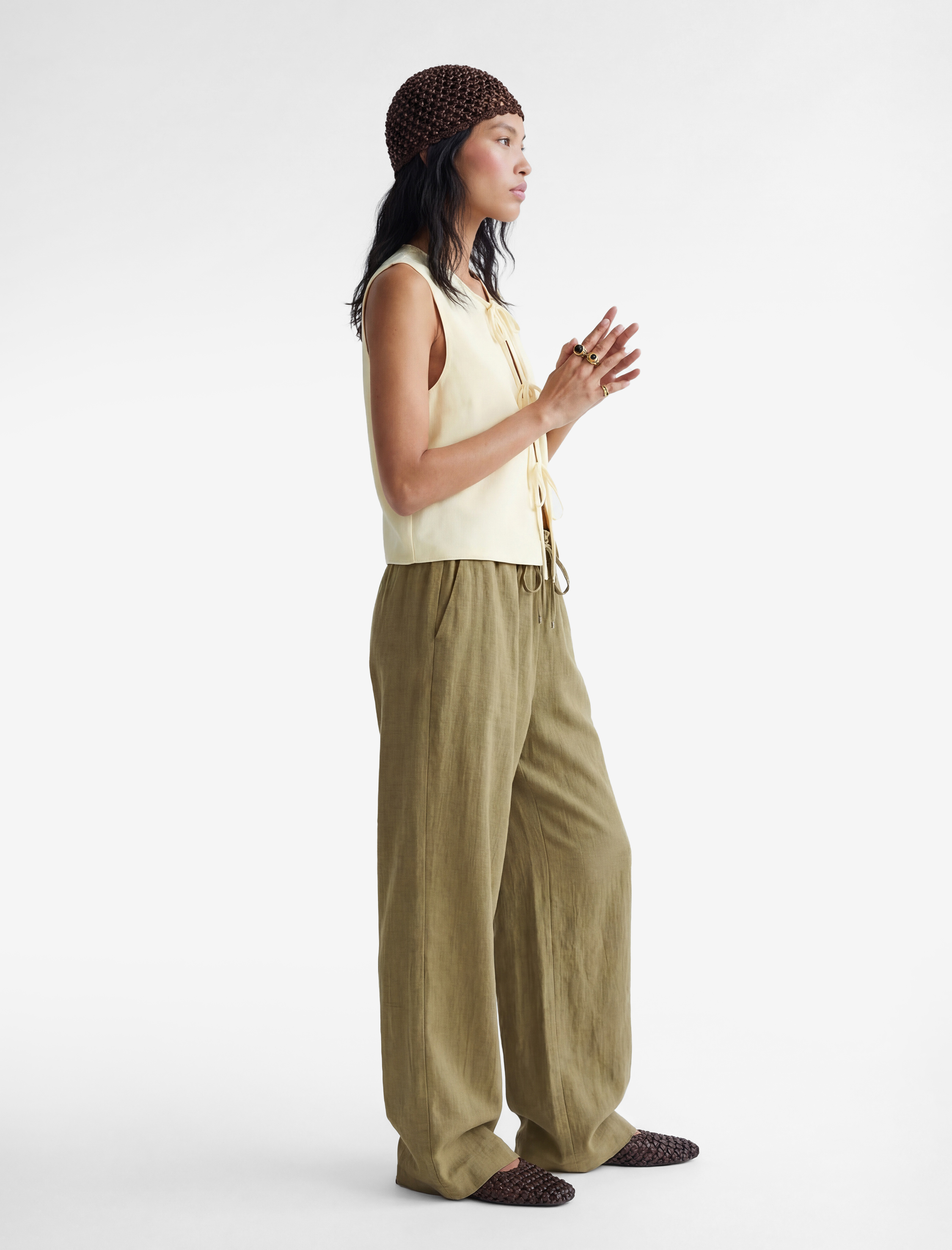   Keten Karışımlı Beli Bağcıklı Lastikli Cepli Bol Paça Pantolon