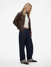 Uzun Kollu Fermuarlı Cepli Gömlek Yaka Crop Suni Deri Ceket