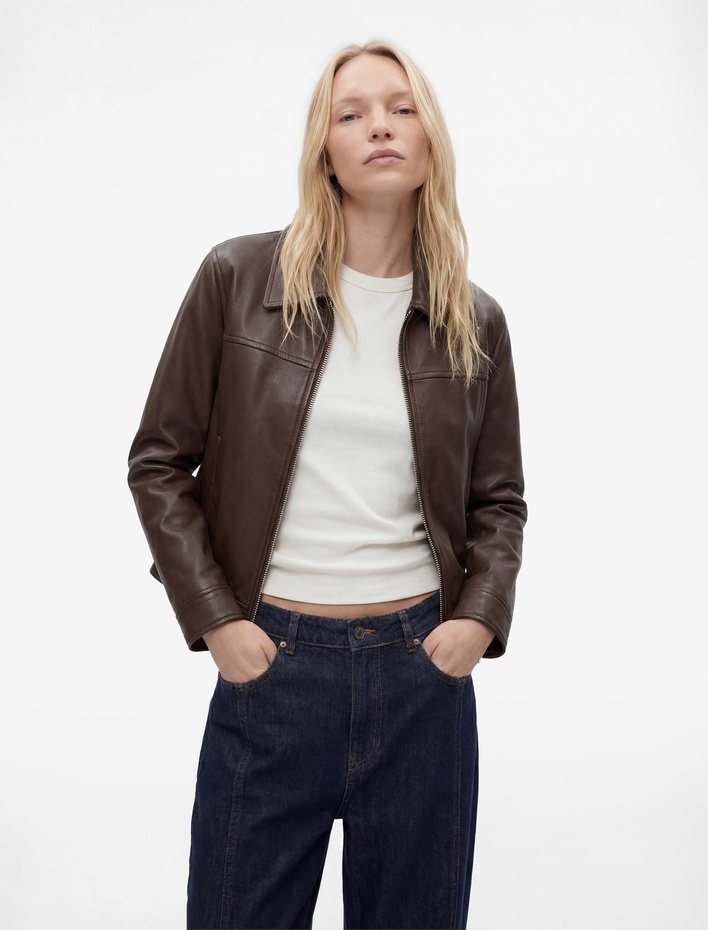  Uzun Kollu Fermuarlı Cepli Gömlek Yaka Crop Suni Deri Ceket