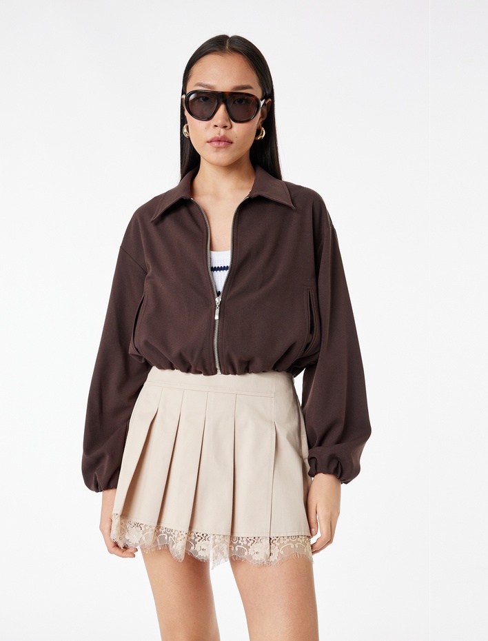  Dantel Detaylı Kalın Pileli Gabardin Mini Etek