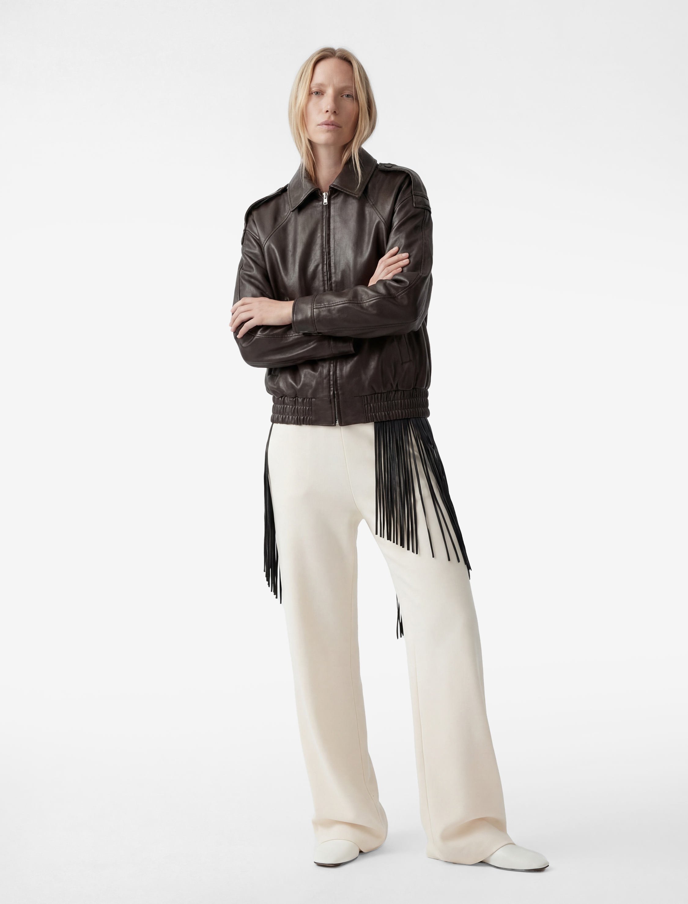   Uzun Kollu Gömlek Yaka Cepli Suni Deri Ceket