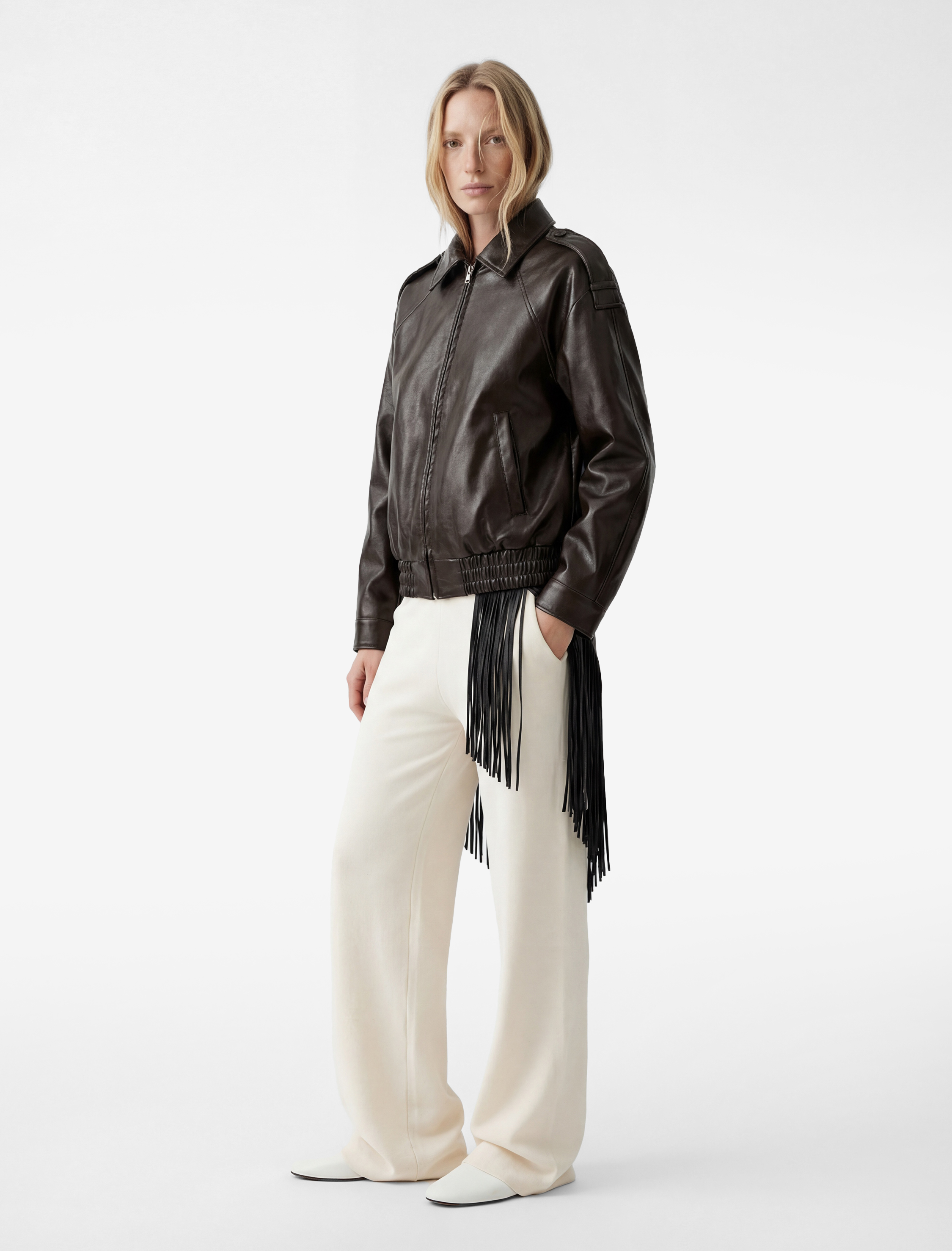   Uzun Kollu Gömlek Yaka Cepli Suni Deri Ceket