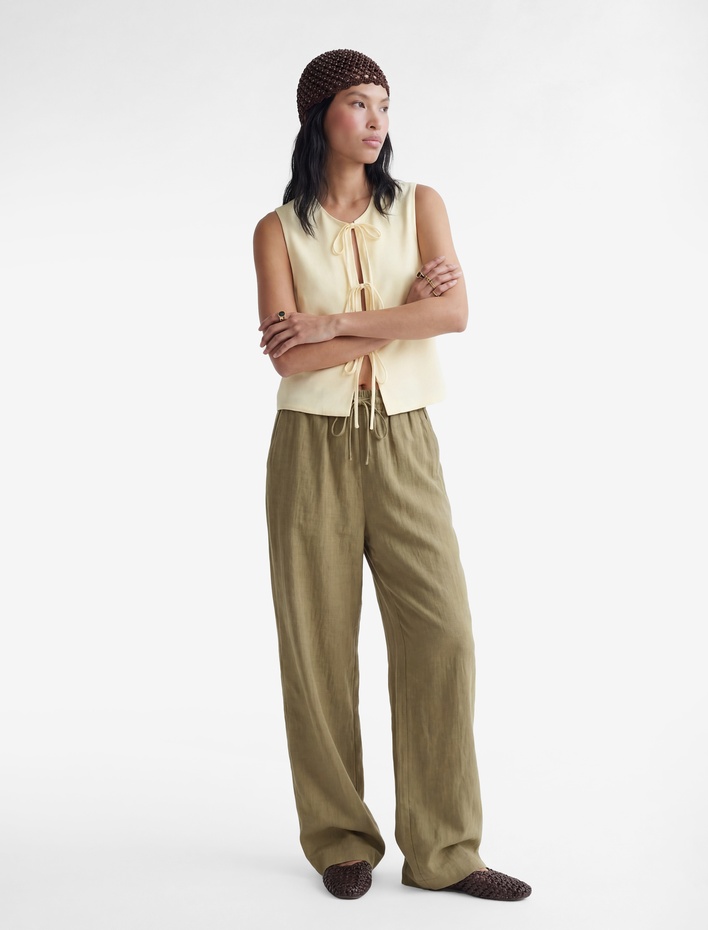  Keten Karışımlı Beli Bağcıklı Lastikli Cepli Bol Paça Pantolon