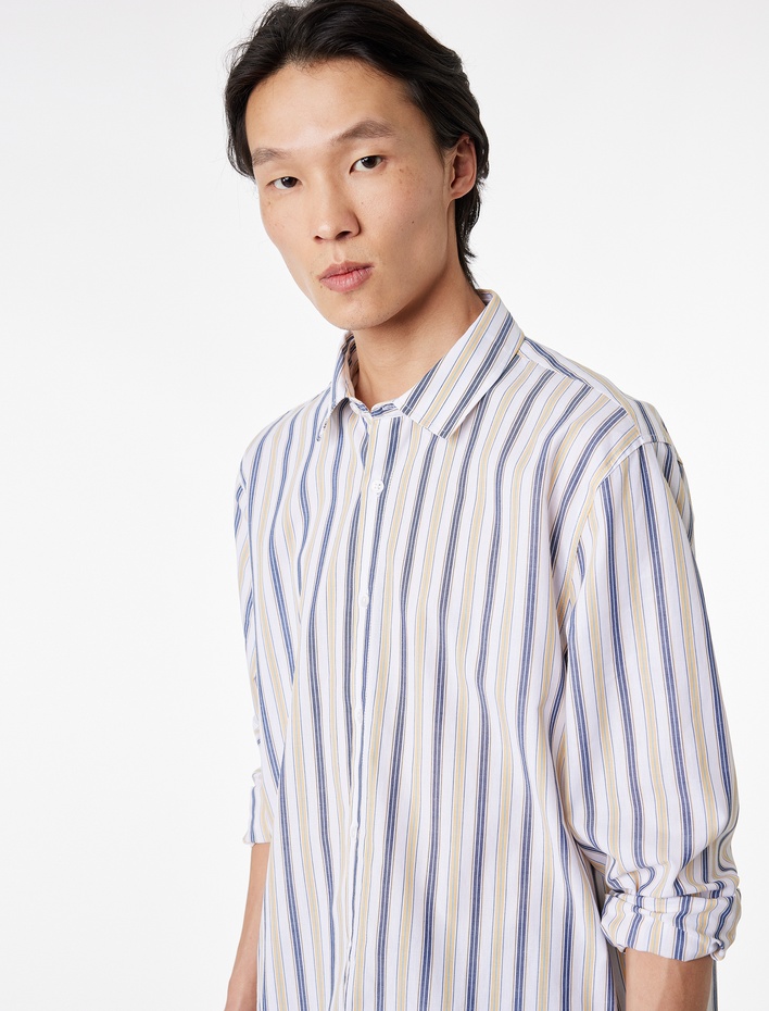  Regular Fit Klasik Yaka Pamuklu Poplin Uzun Kollu Çizgili Gömlek